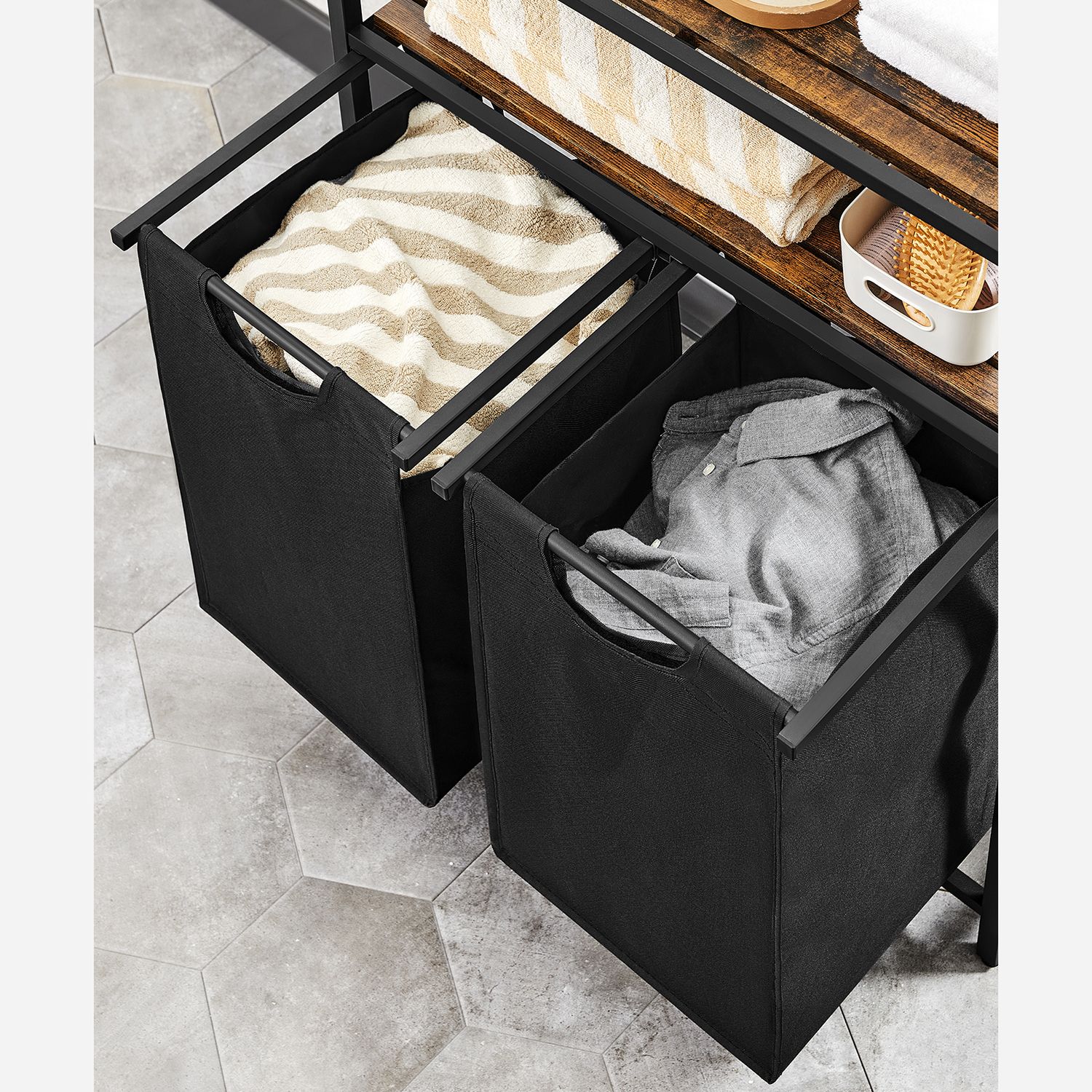 Veļas grozs ar 2 nodalījumiem un 2 plauktiem, 2 x 46 l, 73 x 33 x 91 cm, brūns-melns - Image 4