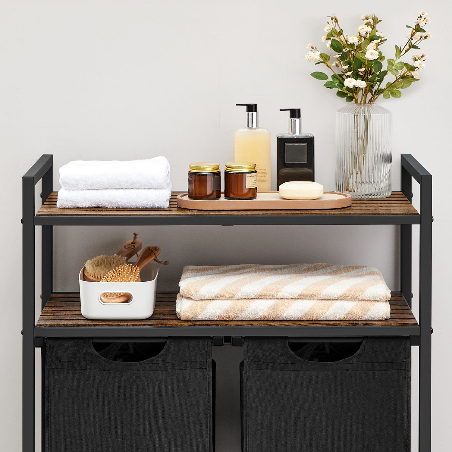Veļas grozs ar 2 nodalījumiem un 2 plauktiem, 2 x 46 l, 73 x 33 x 91 cm, brūns-melns - Image 5