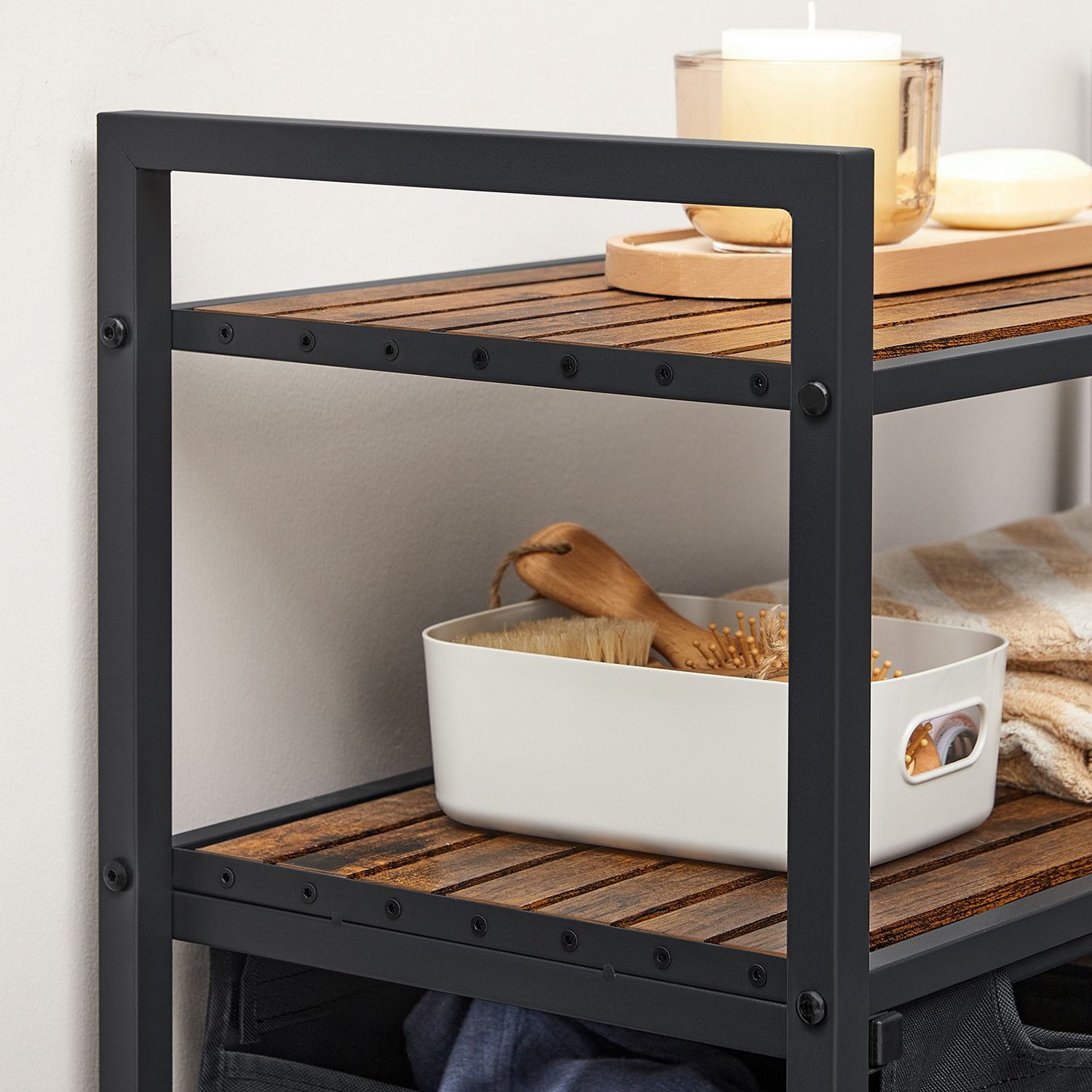 Veļas grozs ar 2 nodalījumiem un 2 plauktiem, 2 x 46 l, 73 x 33 x 91 cm, brūns-melns - Image 6