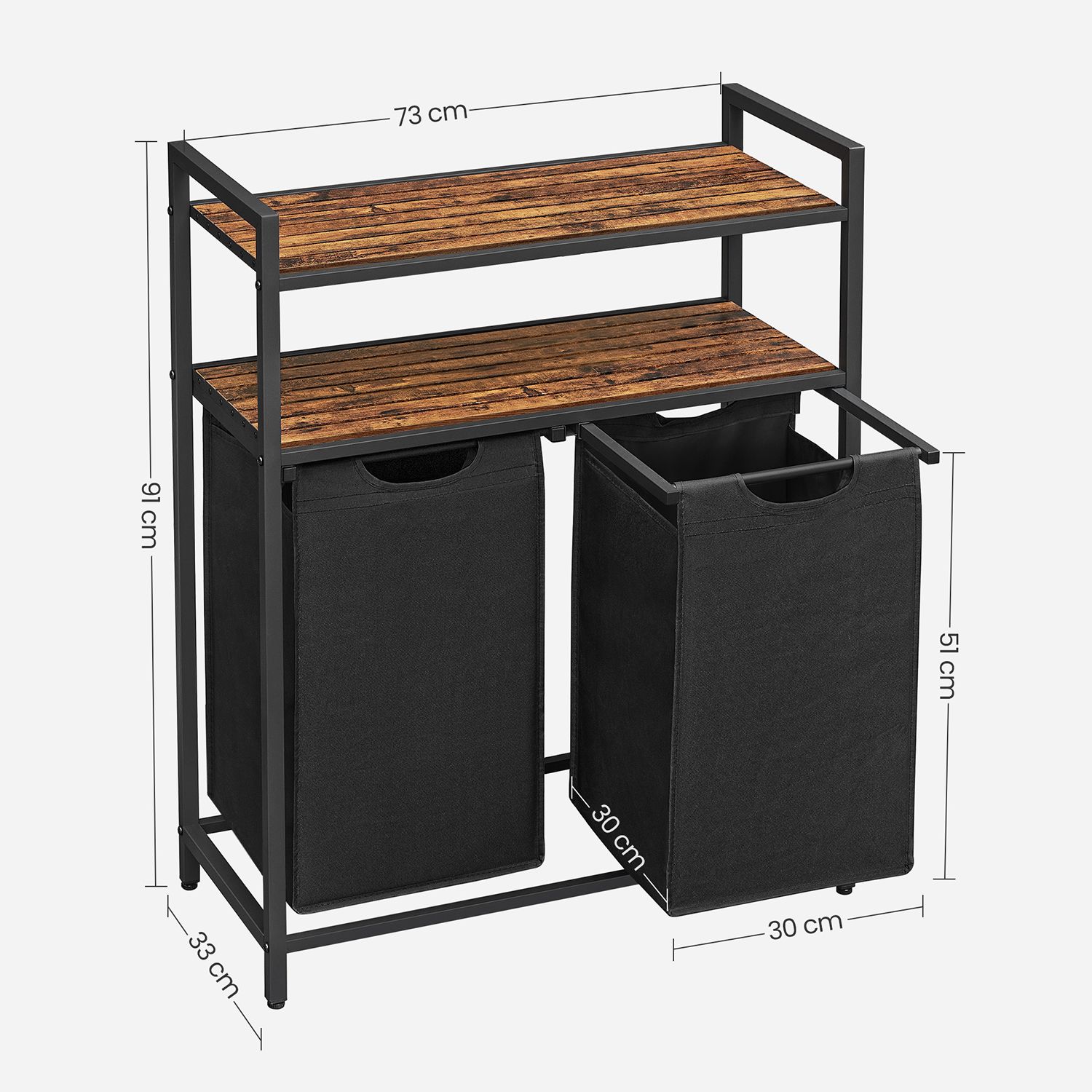 Veļas grozs ar 2 nodalījumiem un 2 plauktiem, 2 x 46 l, 73 x 33 x 91 cm, brūns-melns - Image 7