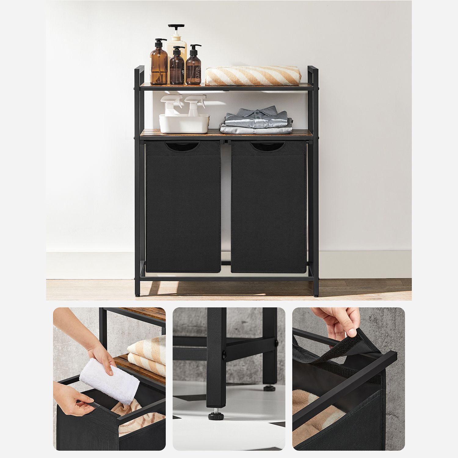 Veļas grozs ar 2 nodalījumiem un 2 plauktiem, 2 x 46 l, 73 x 33 x 91 cm, brūns-melns - Image 8
