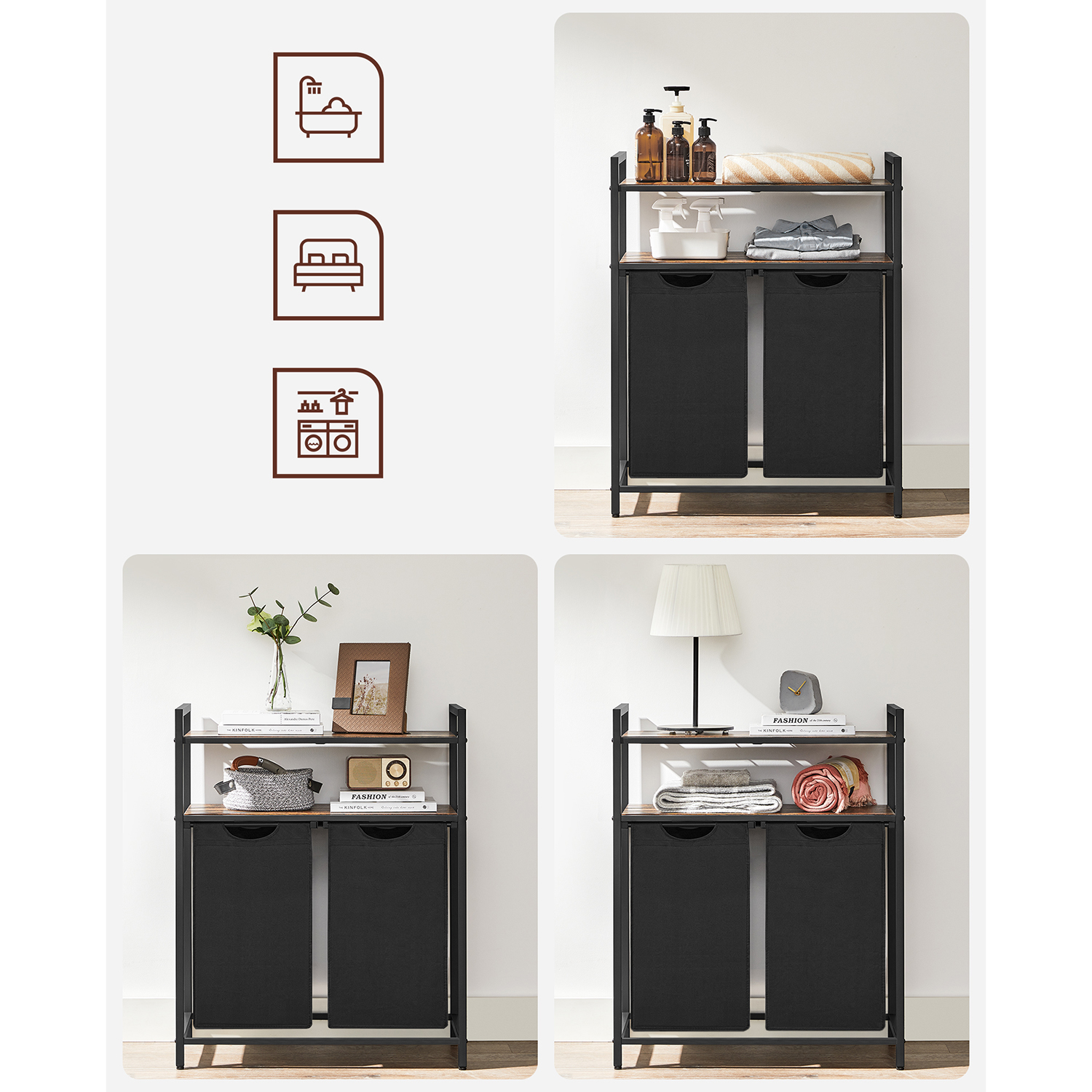 Veļas grozs ar 2 nodalījumiem un 2 plauktiem, 2 x 46 l, 73 x 33 x 91 cm, brūns-melns - Image 9