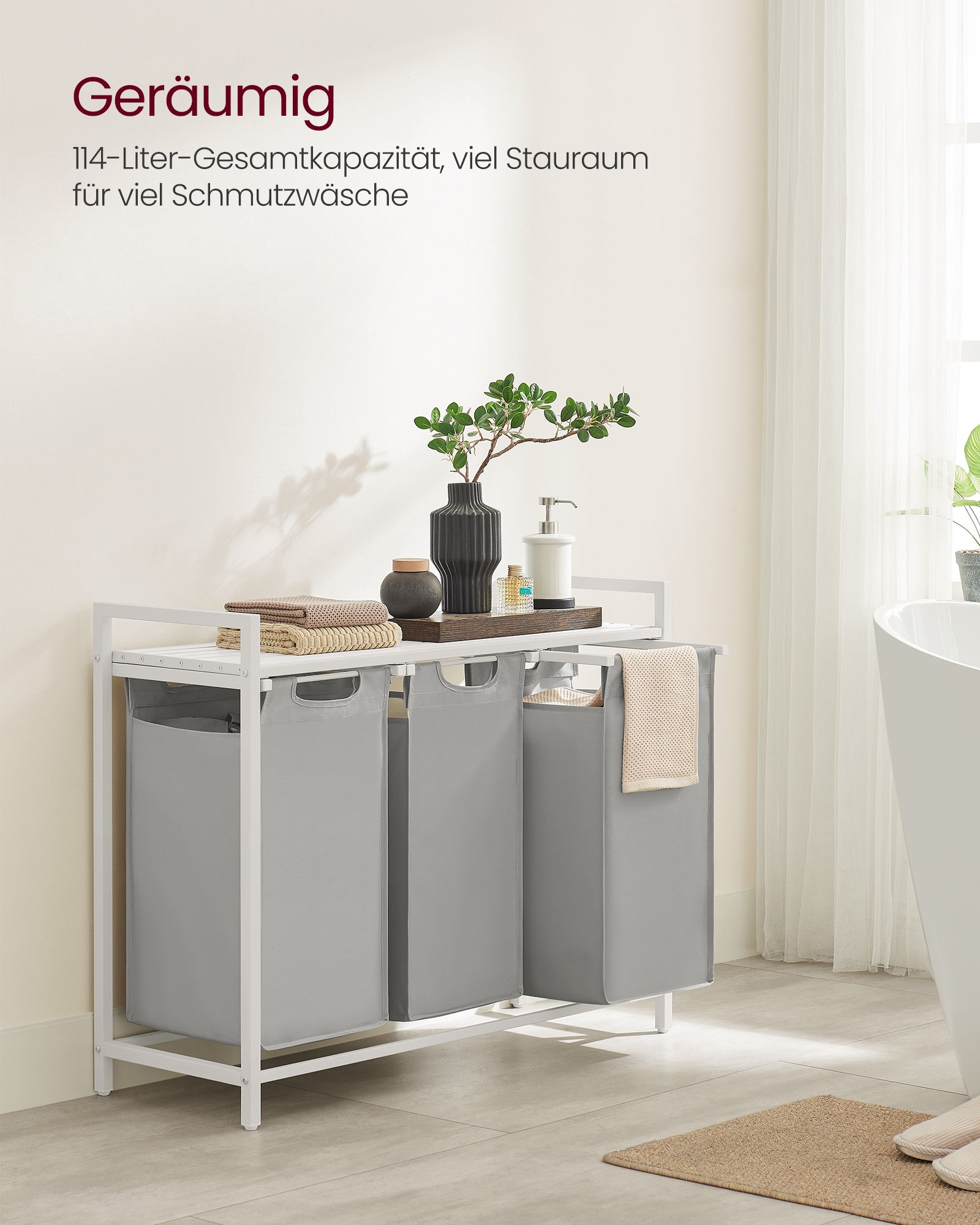 Veļas grozs ar 3 nodalījumiem, Oksfordas audums, 3 x 38 l, 92,5 x 33 x 72 cm, baložpelēks - Image 3