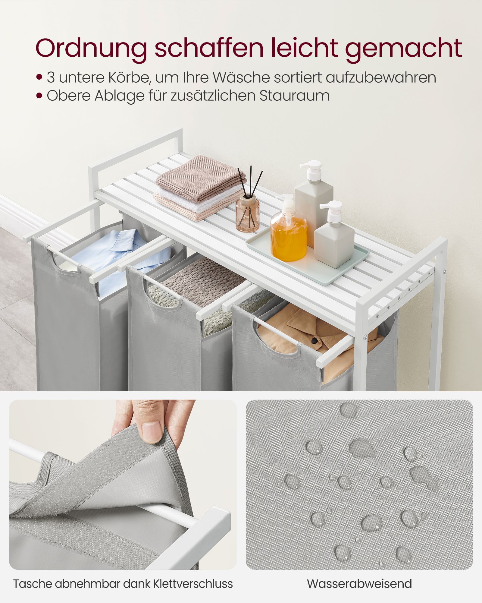 Veļas grozs ar 3 nodalījumiem, Oksfordas audums, 3 x 38 l, 92,5 x 33 x 72 cm, baložpelēks - Image 4