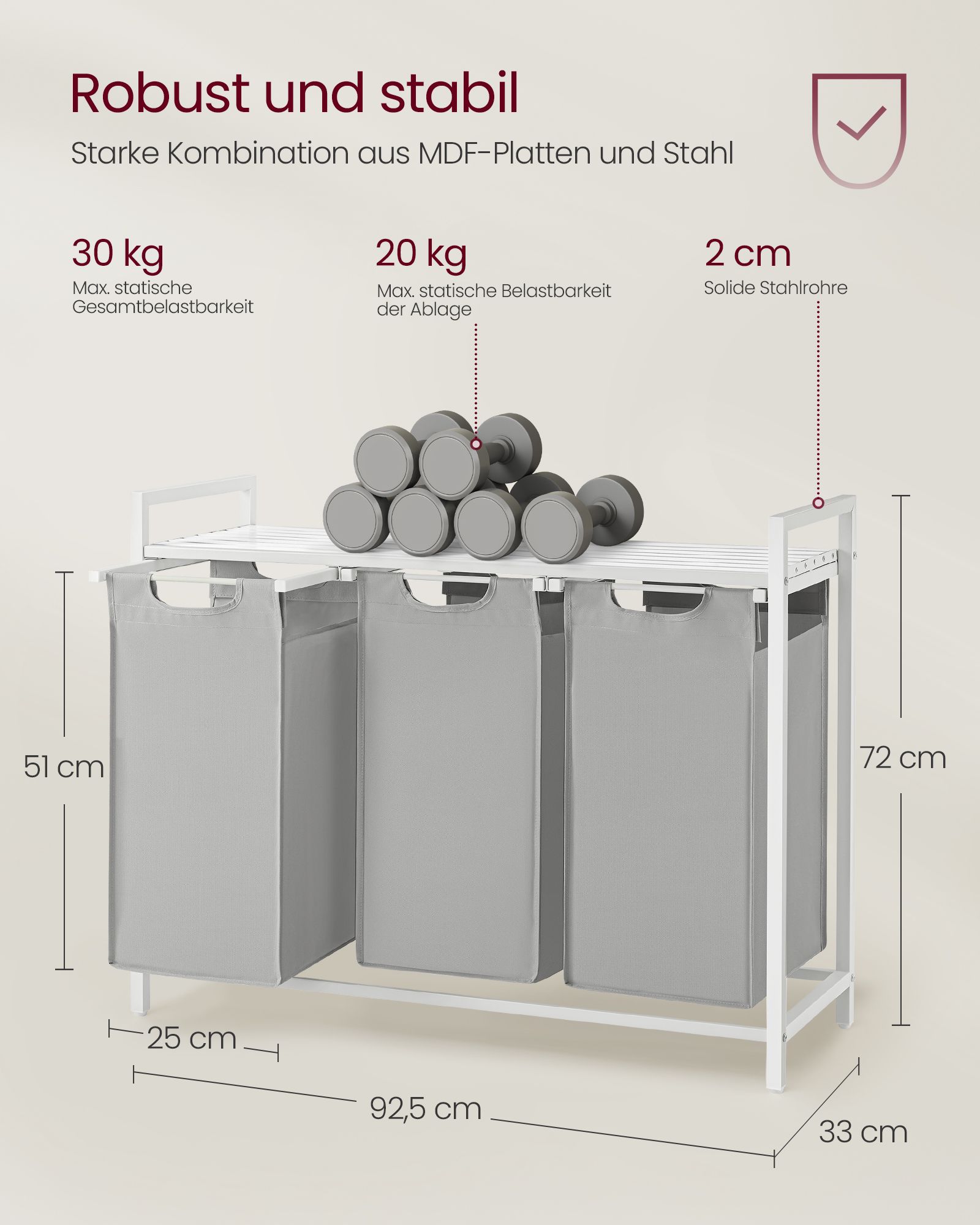Veļas grozs ar 3 nodalījumiem, Oksfordas audums, 3 x 38 l, 92,5 x 33 x 72 cm, baložpelēks - Image 5