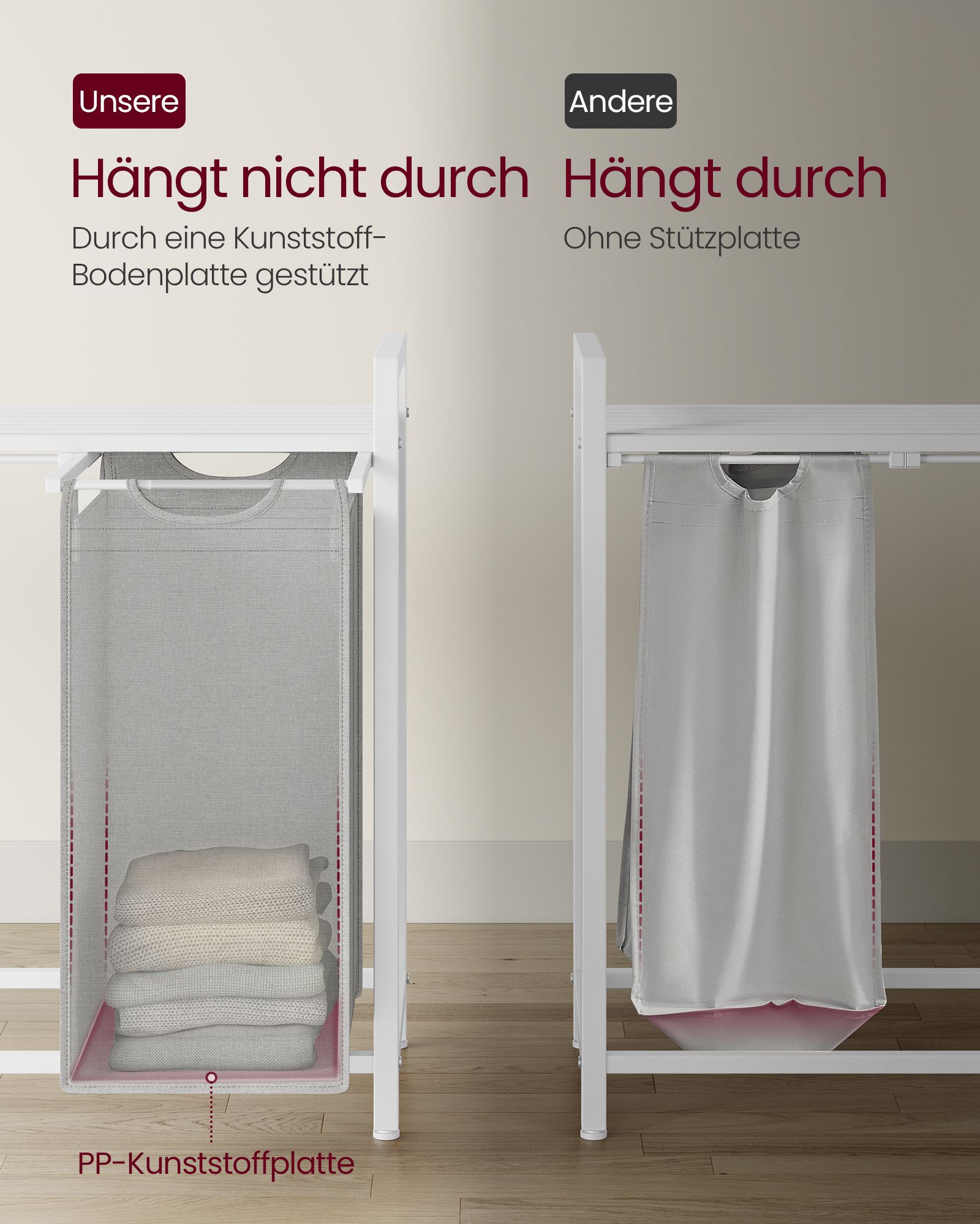 Veļas grozs ar 3 nodalījumiem, Oksfordas audums, 3 x 38 l, 92,5 x 33 x 72 cm, baložpelēks - Image 6