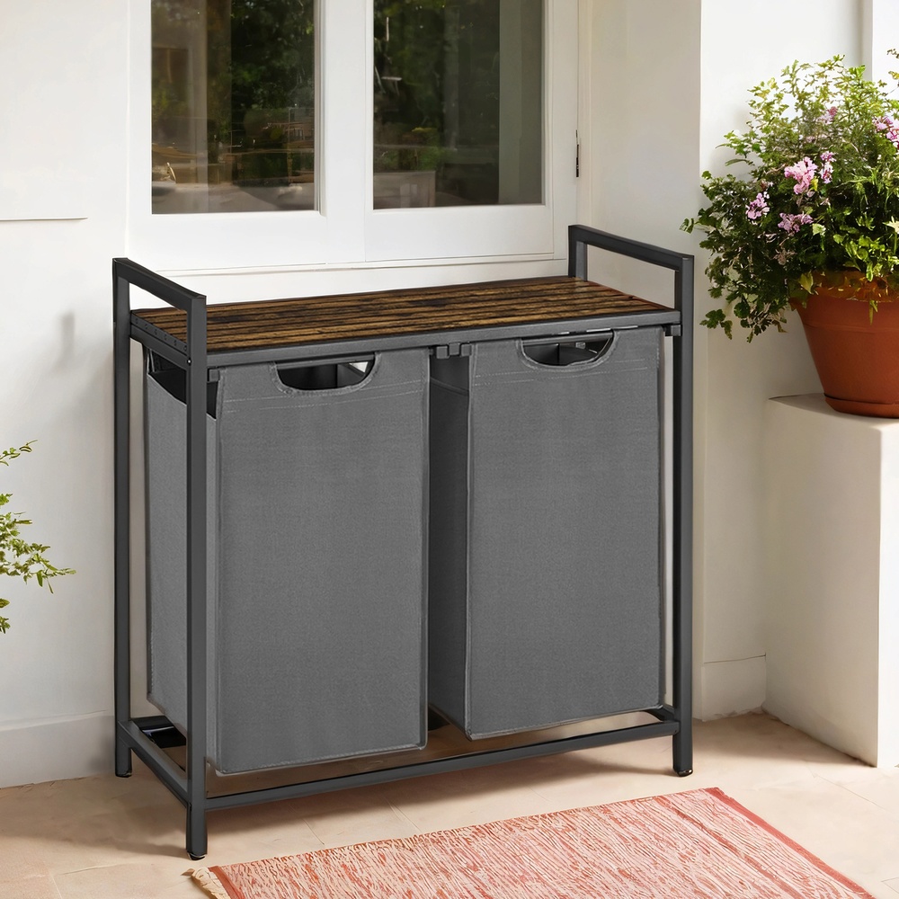 Veļas grozs ar 2 nodalījumiem un plauktu, 2 x 46 l, 73 x 33 x 72 cm, brūni pelēks