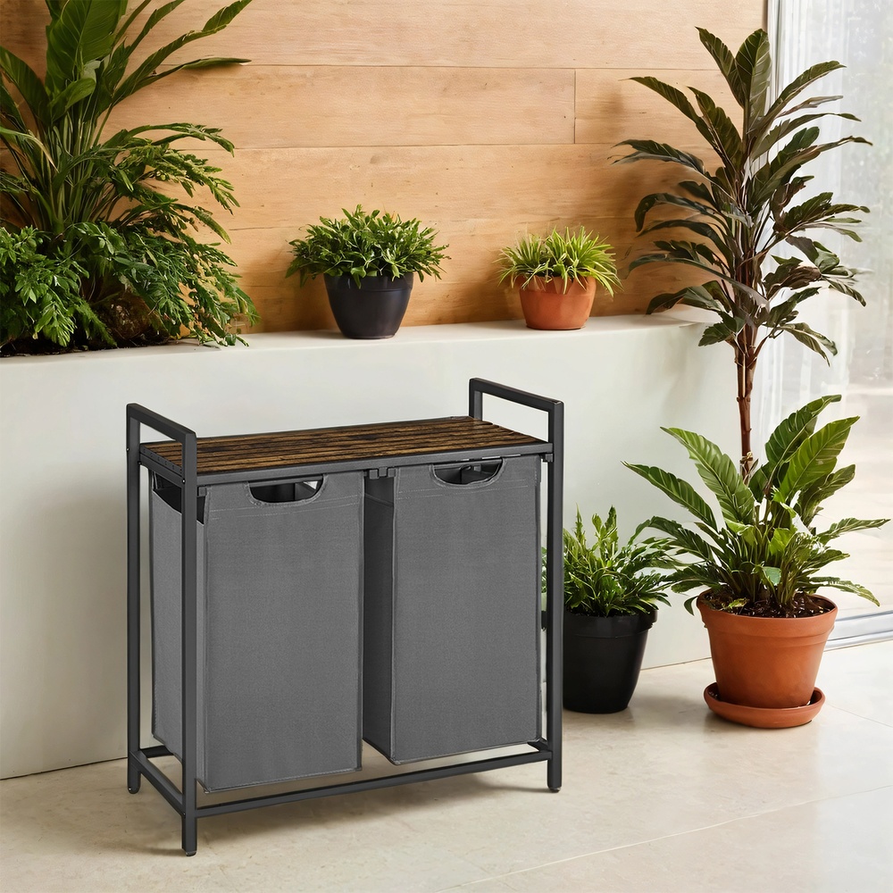 Veļas grozs ar 2 nodalījumiem un plauktu, 2 x 46 l, 73 x 33 x 72 cm, brūni pelēks - Image 2