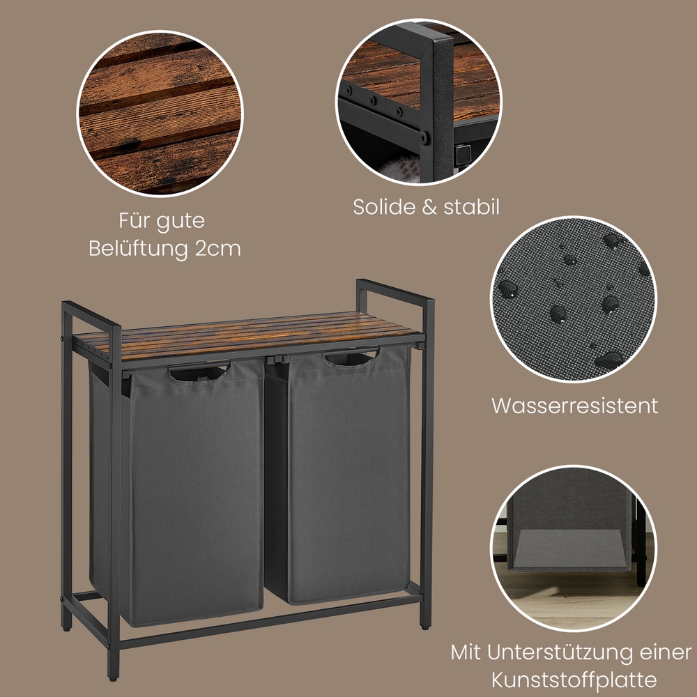 Veļas grozs ar 2 nodalījumiem un plauktu, 2 x 46 l, 73 x 33 x 72 cm, brūni pelēks - Image 5