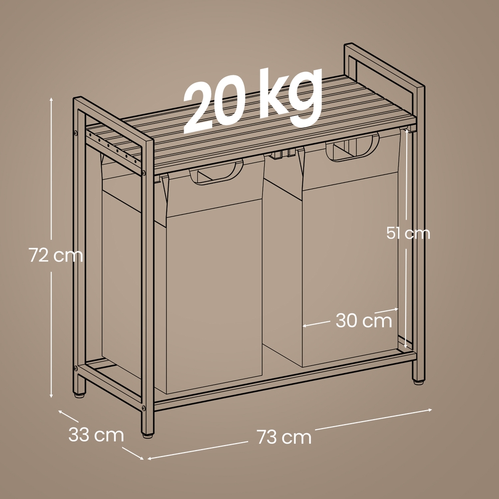 Veļas grozs ar 2 nodalījumiem un plauktu, 2 x 46 l, 73 x 33 x 72 cm, brūni pelēks - Image 6