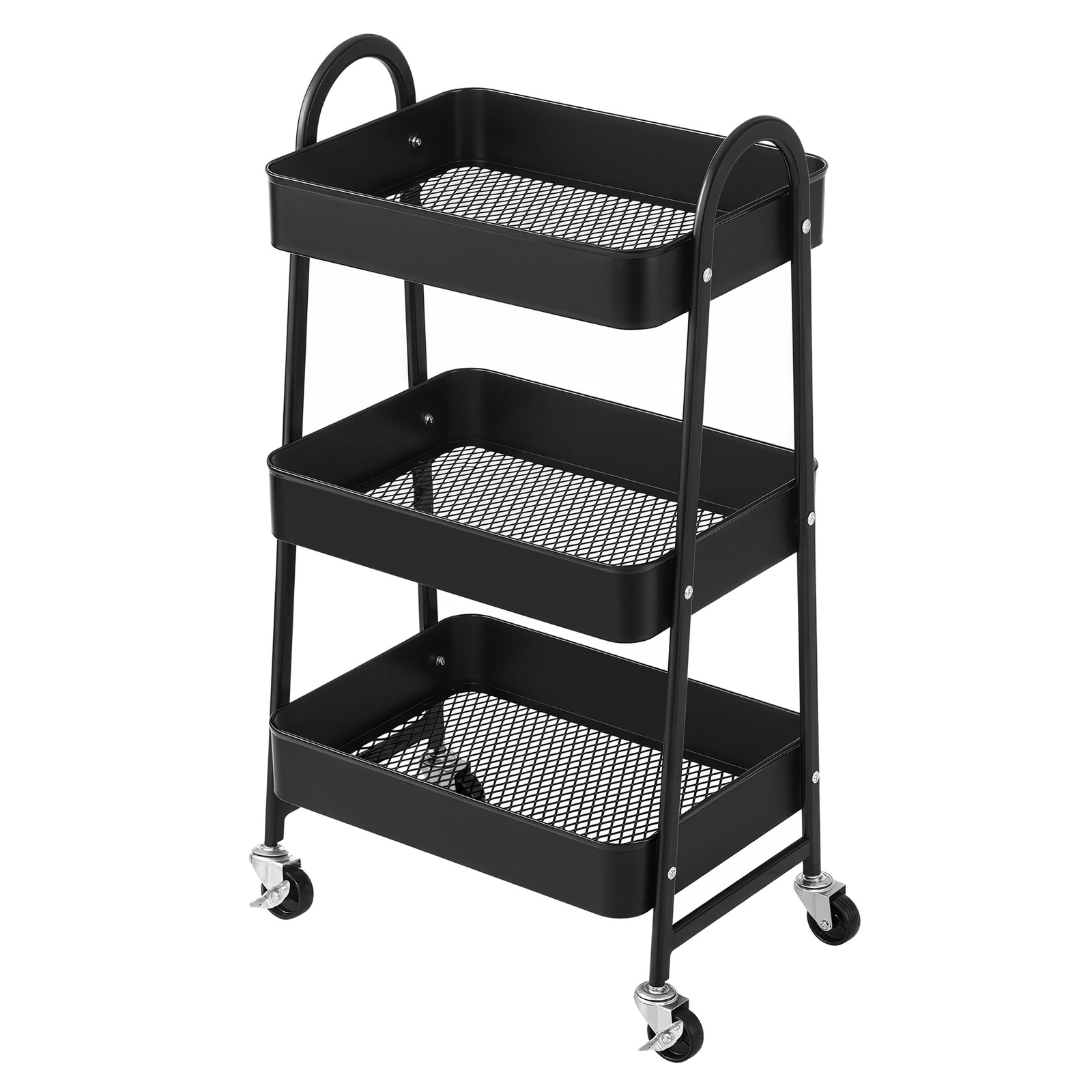 3 tasandiga metallist ratastega serveerimiskäru käepidemete ja 2 piduriga, 41,4 x 30,7 x 79 cm, must