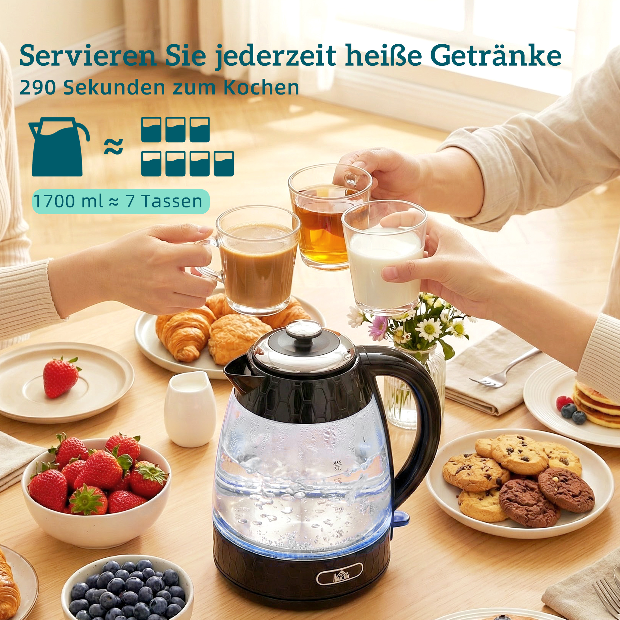 1,7 l 2200 W vedenkeitin- ja 4 viipaleen leivänpaahdinsarja, musta - Image 4
