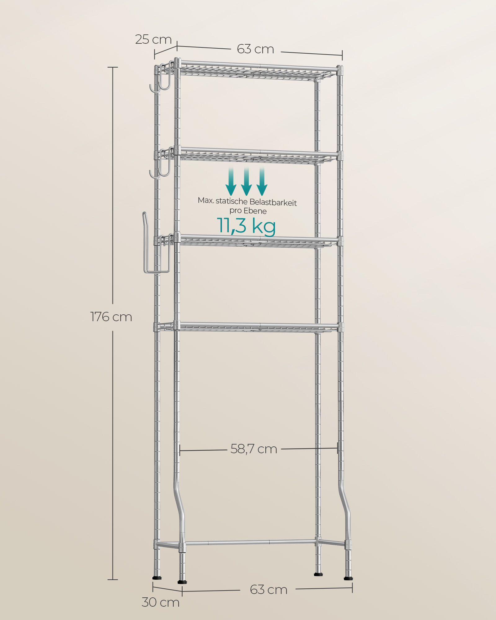 Tualetes plaukts, 4 līmeņi, metāla, baložu pelēks, 30 x 63 x 176 cm - Image 5