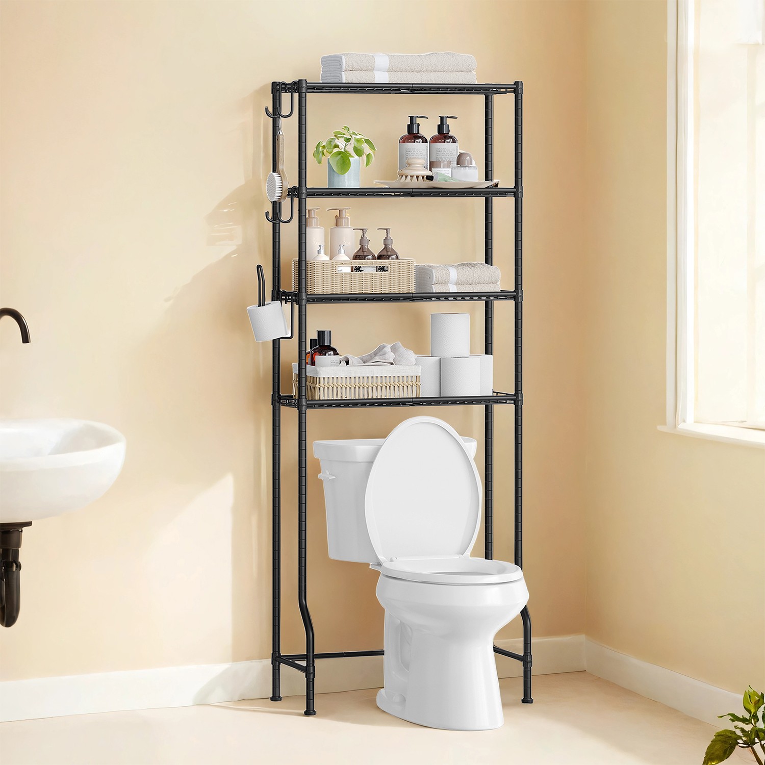WC-hylly 4 hyllytasolla, metallia, musta, 30 x 63 x 176 cm