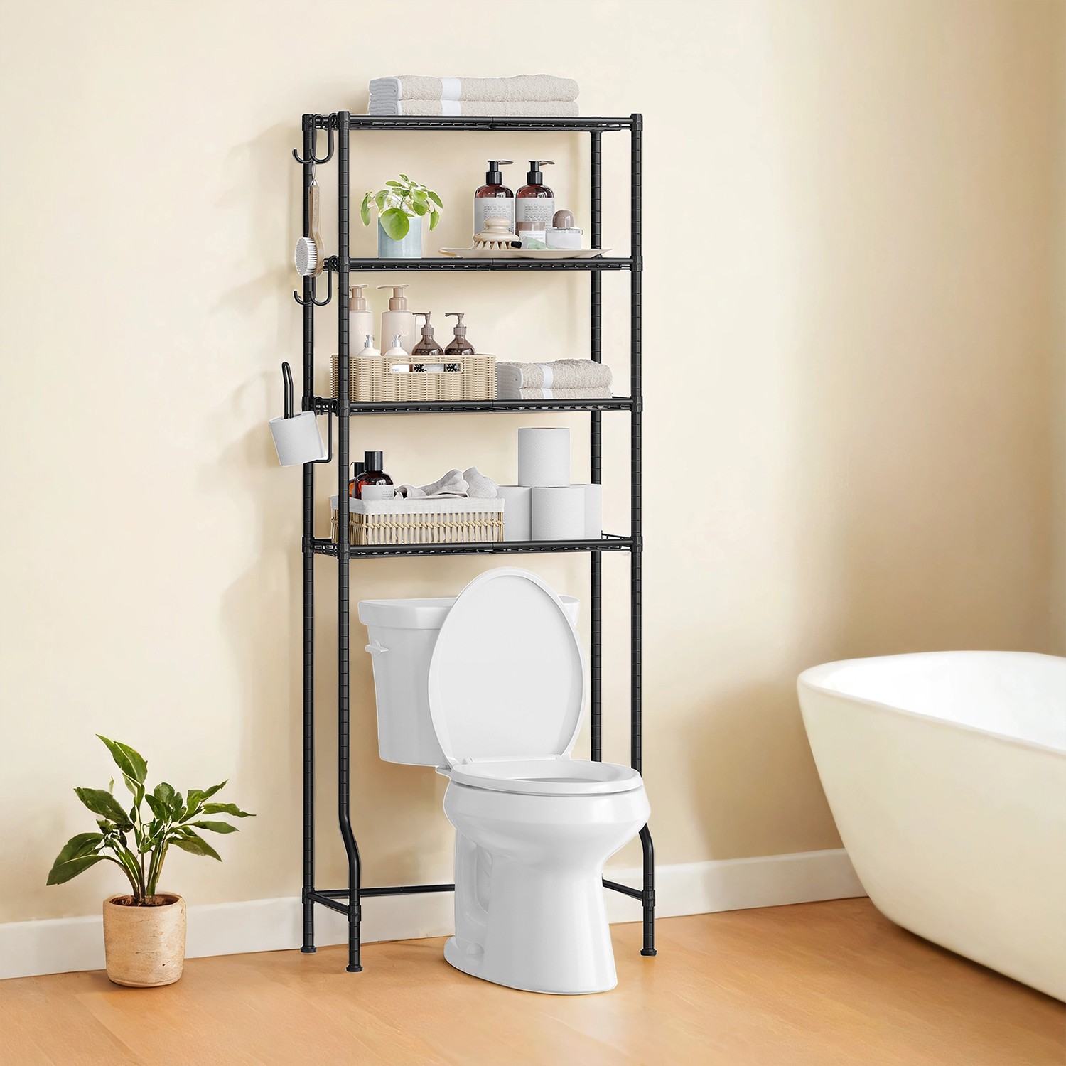 WC-hylly 4 hyllytasolla, metallia, musta, 30 x 63 x 176 cm - Image 2