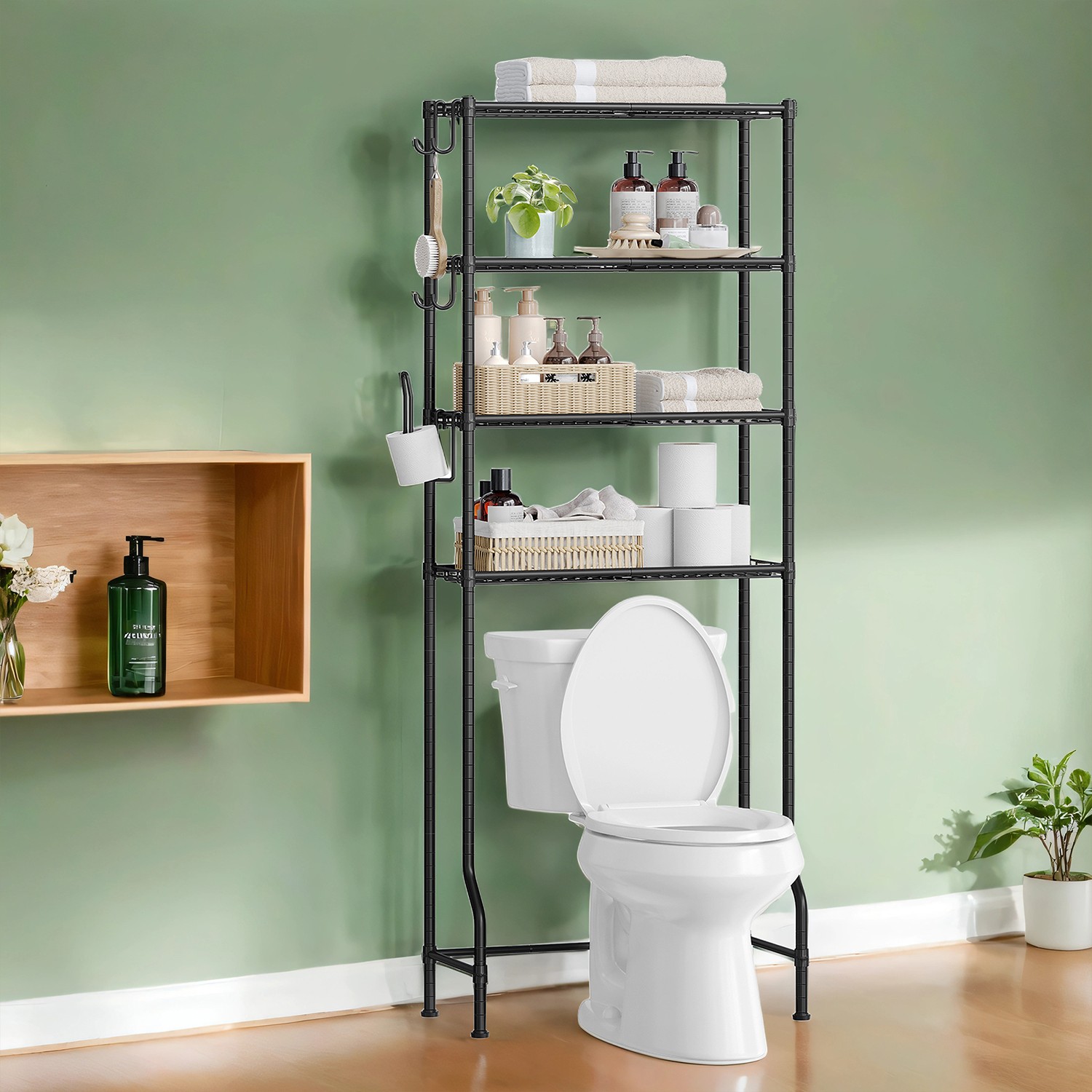 WC-hylly 4 hyllytasolla, metallia, musta, 30 x 63 x 176 cm - Image 3