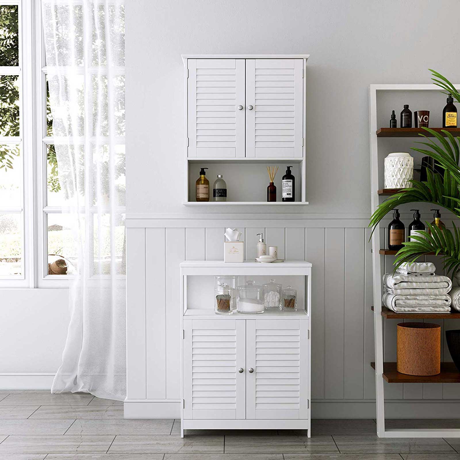 Seinälle asennettava kylpyhuonekaappi, valkoinen MDF, 60 x 20 x 70 cm, 2 ovea ja avohylly - Image 4