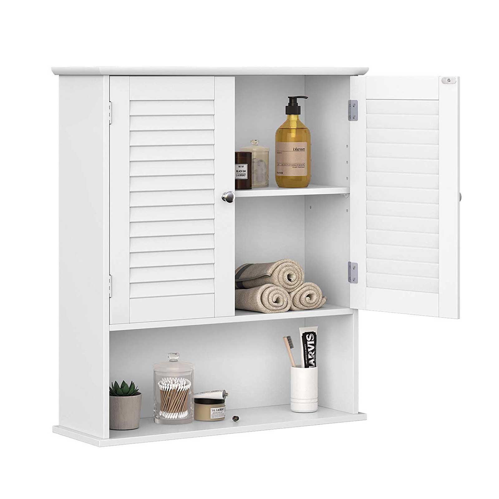 Seinälle asennettava kylpyhuonekaappi, valkoinen MDF, 60 x 20 x 70 cm, 2 ovea ja avohylly - Image 5
