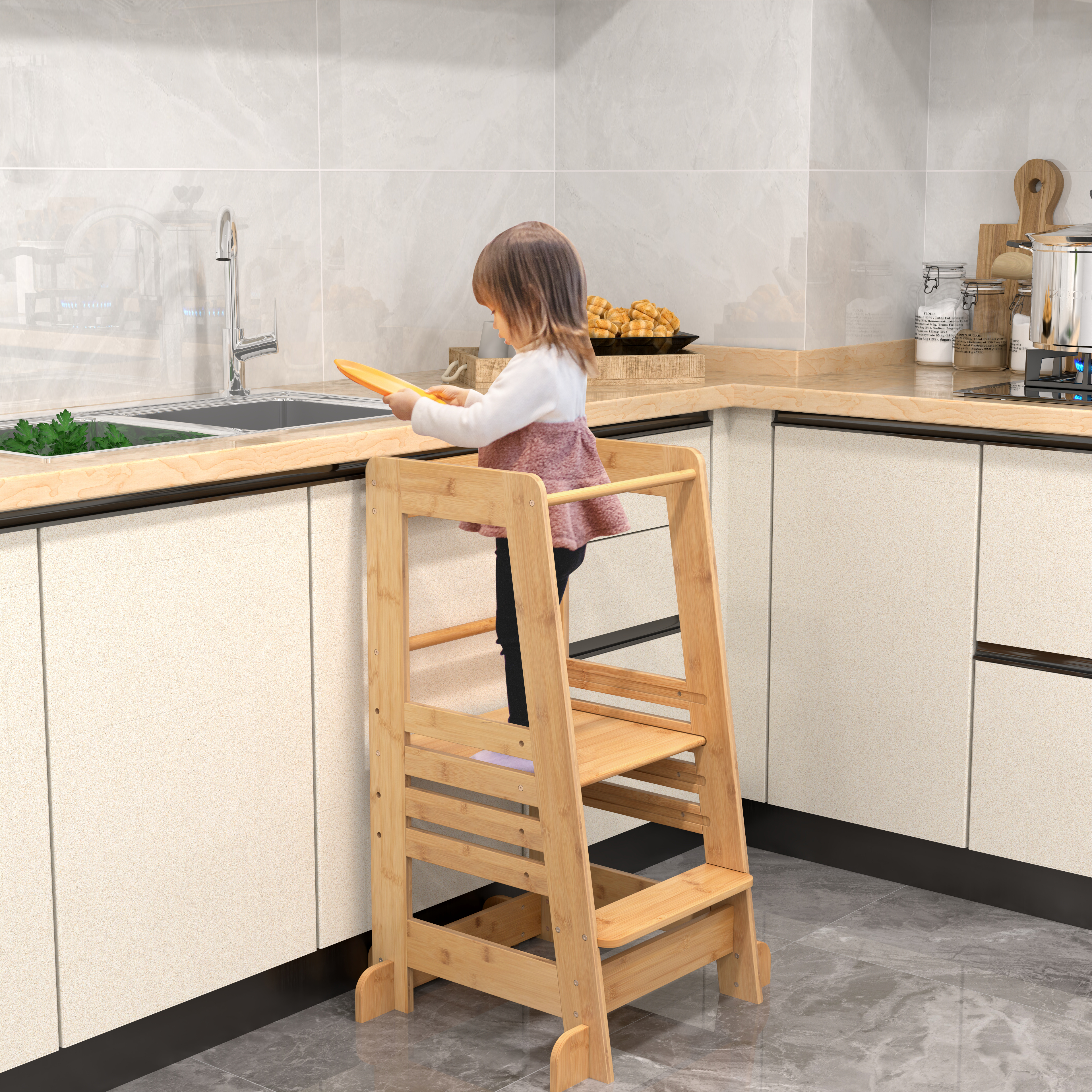 Montessori Keittiöjakkara Turvakaiteella Bambua - Image 2