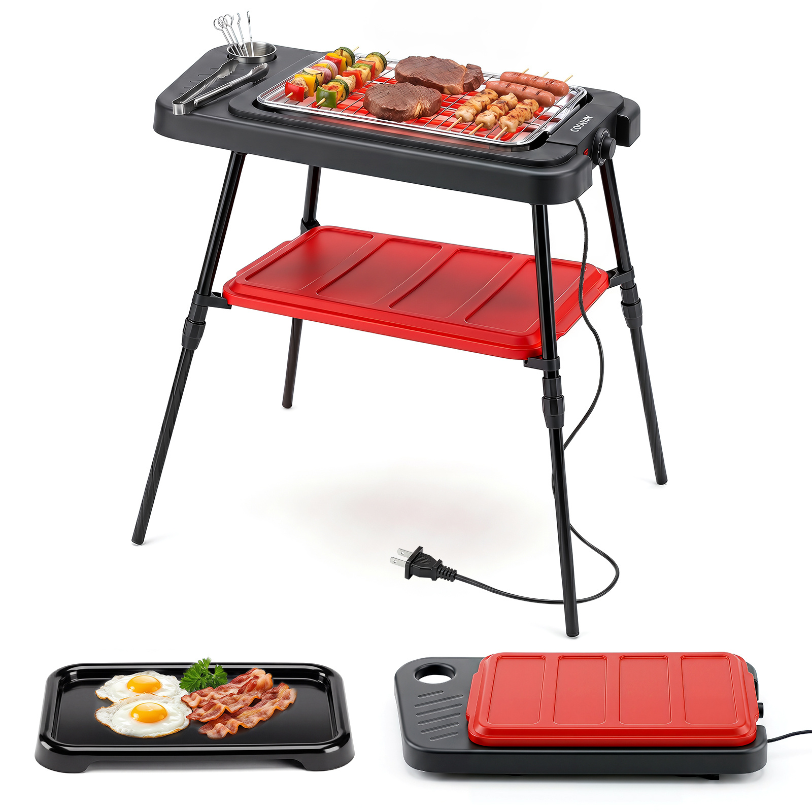 Sähkögrilli 2-in-1, 2000 W, kannettava, säädettävä korkeus, musta ja punainen - Image 2