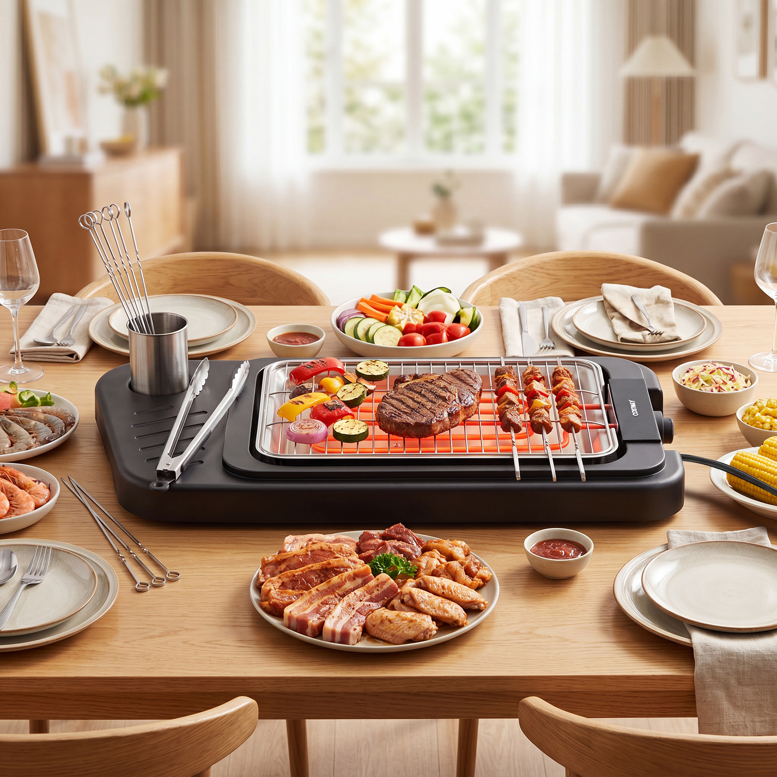 Sähkögrilli 2-in-1, 2000 W, kannettava, säädettävä korkeus, musta ja punainen - Image 3