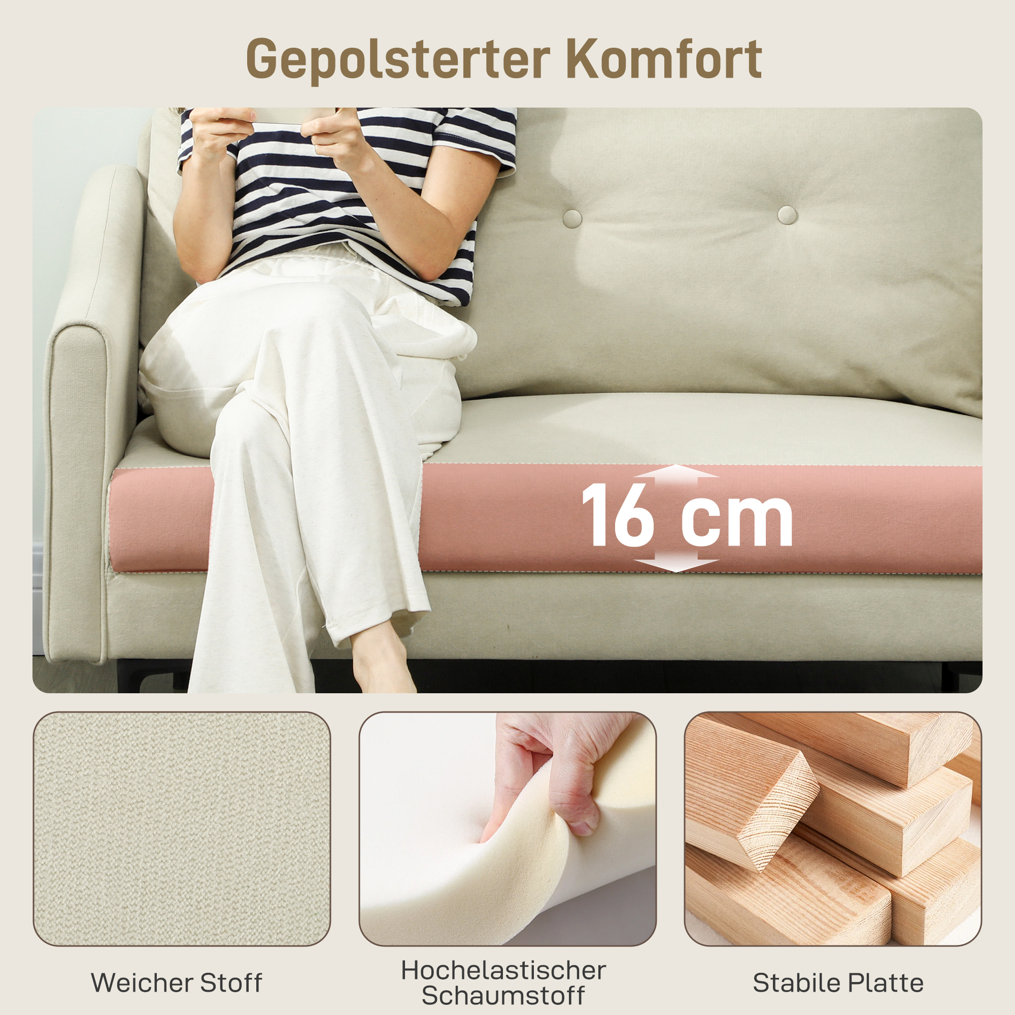 2 vietų sofa su putų paminkštinimu ir audinio apmušalu, kreminė balta, 124 x 73 x 92 cm - Image 4