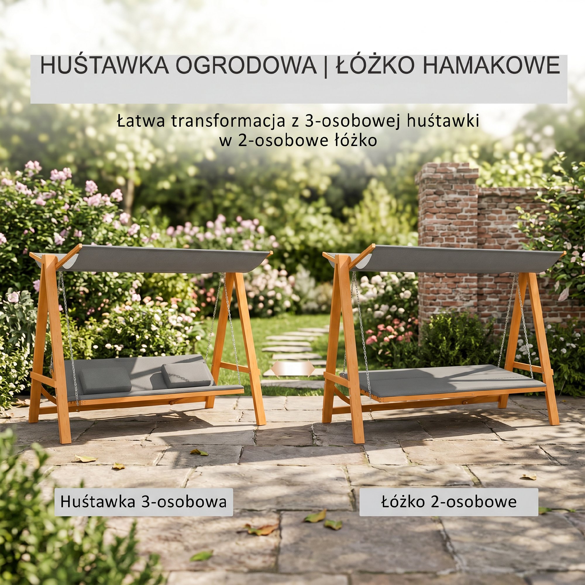 Sodo sūpynės su lovos funkcija, 3 vietų, pilkos ir tikmedžio spalvos, 225,5 x 130 x 180 cm - Image 8