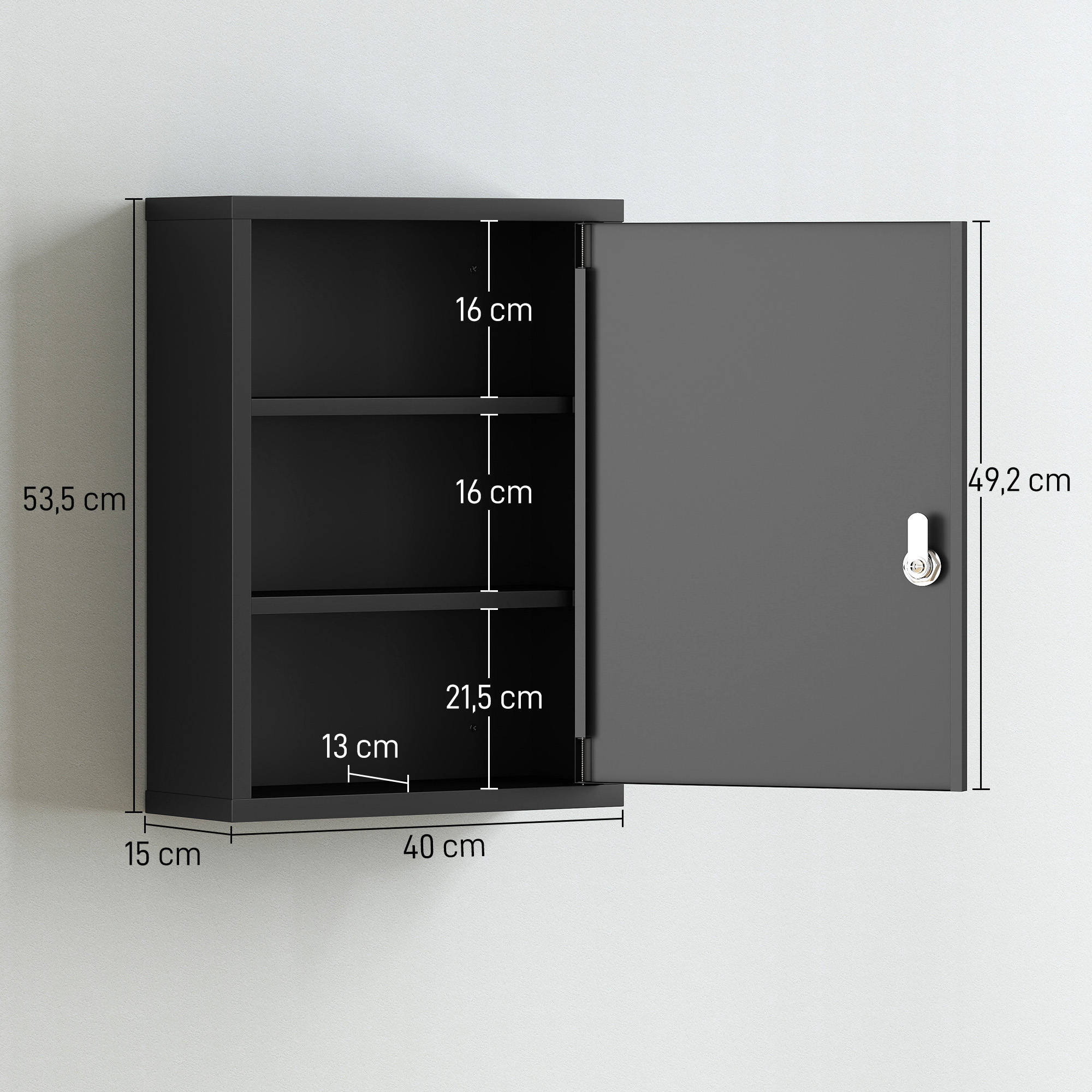 Seinään kiinnitettävä lääkekaappi lukolla, 3-tasoinen teräs, musta, 40 x 15 x 53,5 cm - Image 3