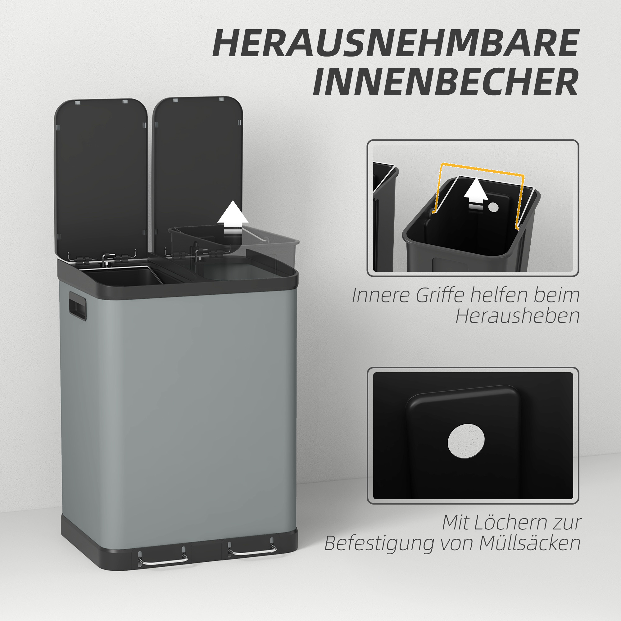Kaksiosainen keittiön roskasäiliö, 2 x 30 l, harmaa - Image 5