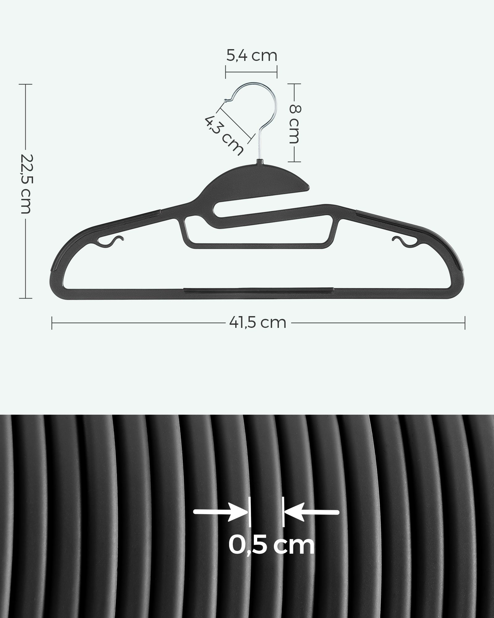 Muoviset vaateripustimet, 20 kpl, liukumattomat, mustat, 41,5 x 22,5 cm - Image 7