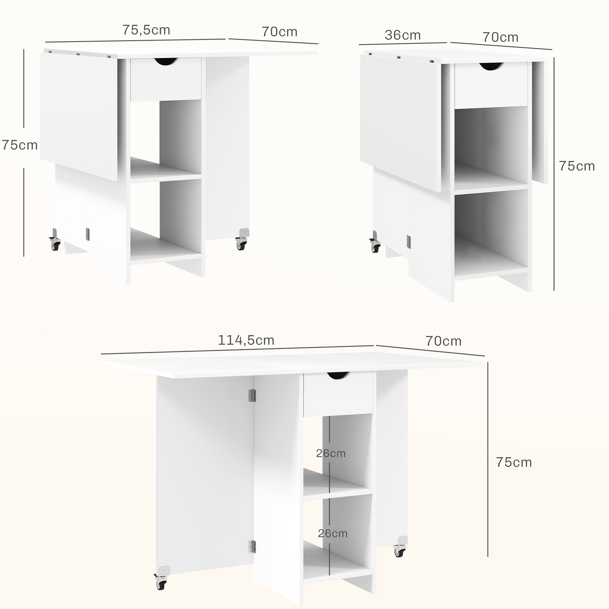 Salokāms ēdamgalds 2–4 personām, balts, ar uzglabāšanas vietu, 114,5 x 70 x 75 cm - Image 3