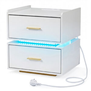 Öökapp LED-valgustuse ja laadijaga, 2 sahtlit, valge