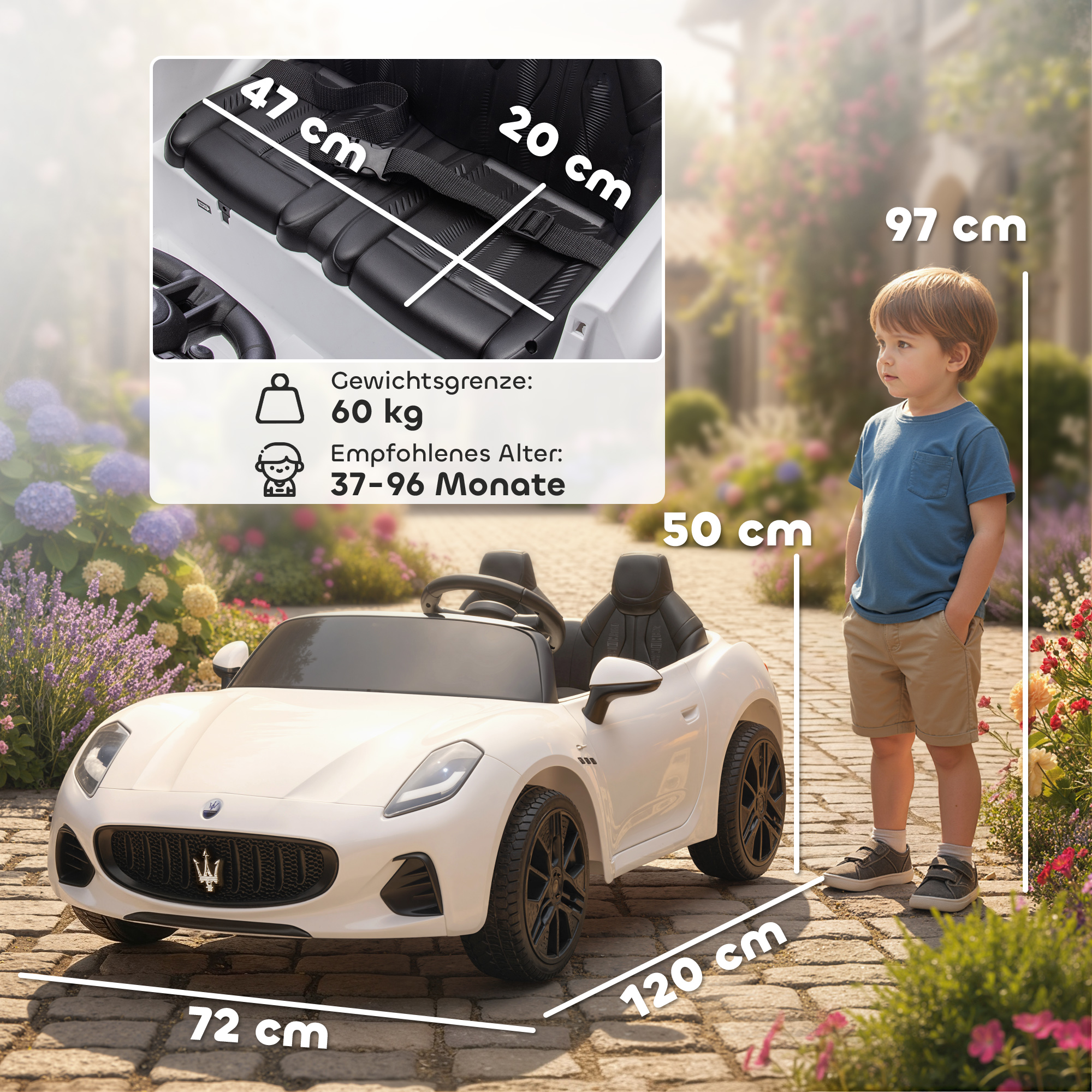 Maserati elektrinis vaikiškas automobilis, 2 vietų, 12V, baltas, 120 x 72 x 50 cm - Image 3