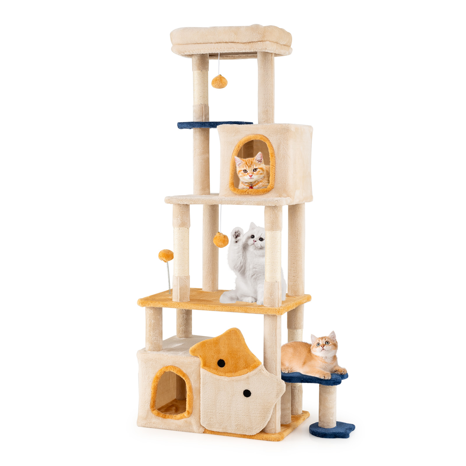 Iso puinen kissanpuu kalakuvioinnilla, beige - Image 3
