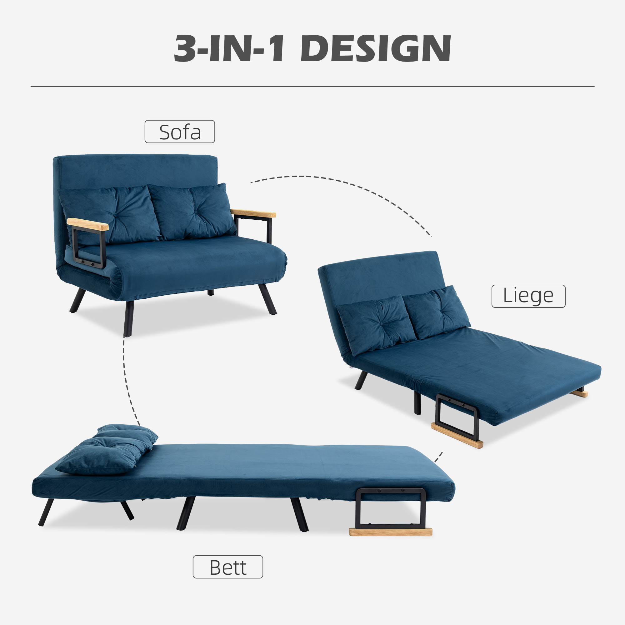 Miegamoji sofa, 2 vietų sofa, aksomo išvaizda, mėlyna, 2 pagalvės - Image 4