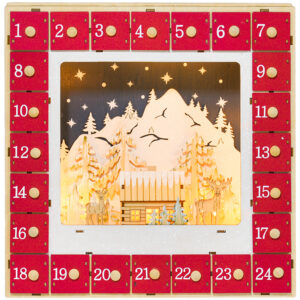 LED advendikalender külavaatega, 24 suurt sahtlit, MDF, punane, 34 x 7 x 34 cm