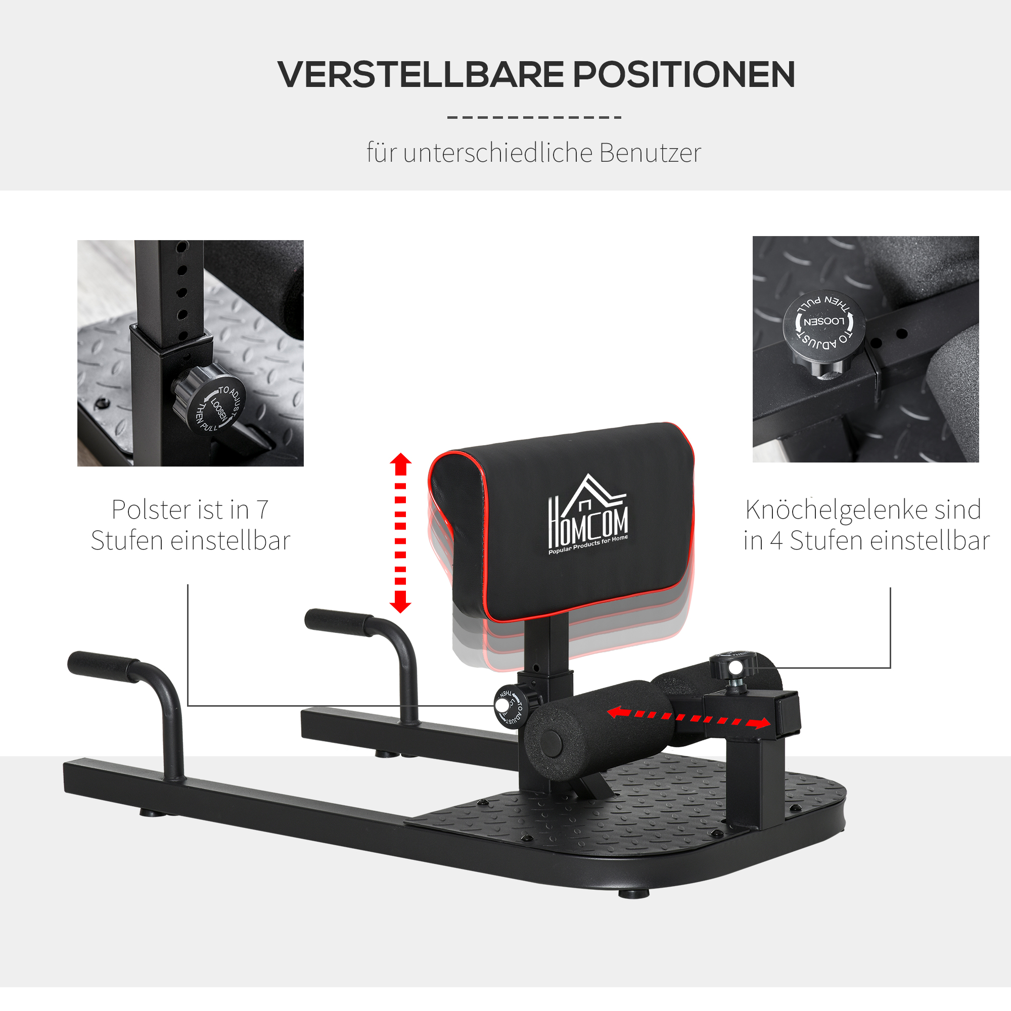 Sissy squat treniruoklis, 3 viename, juodas, 50 x 97 x 44,5–56,5 cm - Image 5