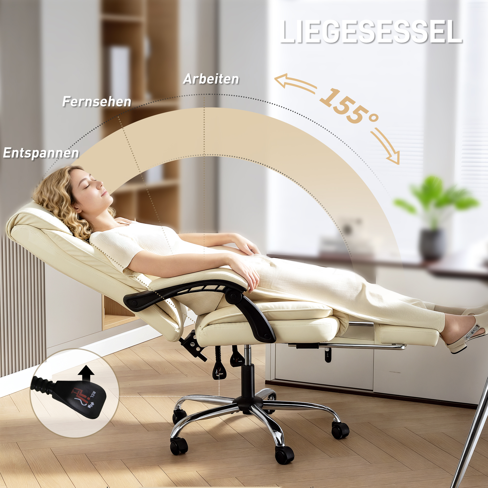 Ergonomisks biroja krēsls ar kāju balstu, mākslīgā āda, bēšs+melns, 120 kg - Image 4