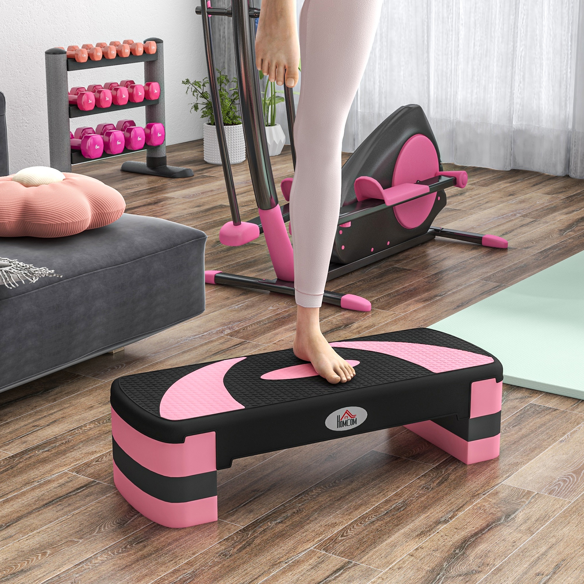 Aerobic step, säädettävä korkeus, 80 x 31 x 10/15/20 cm, enintään 150 kg, musta / pinkki / harmaa - Image 2