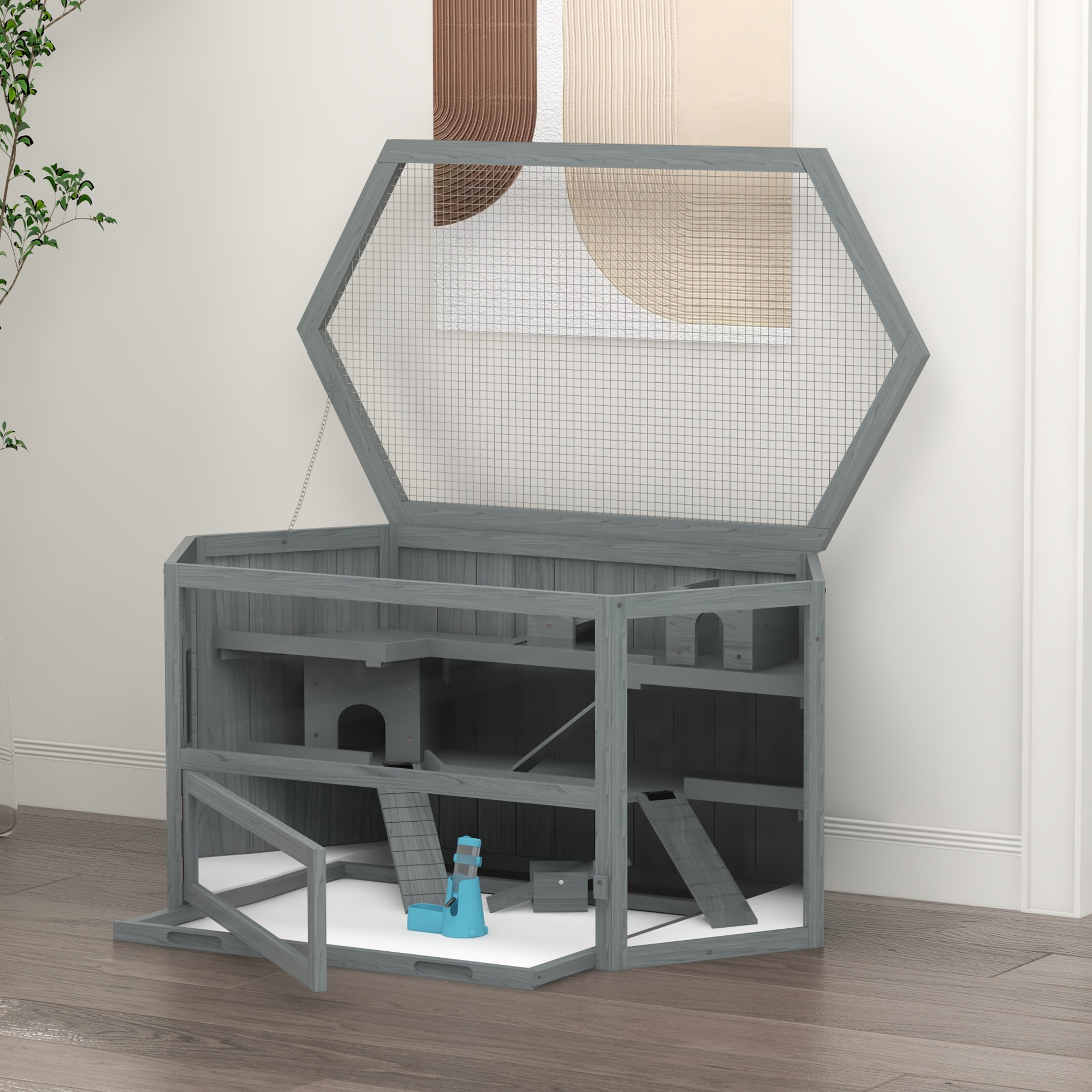 Hamsterihäkki, 3 tasoa, irrotettava pohja-allas, puu/metalli, harmaa, 115 x 60 x 55 cm - Image 9