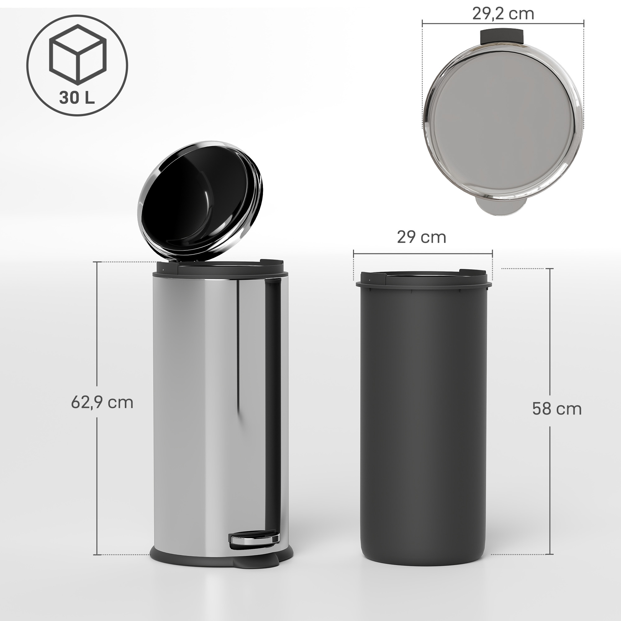 30 l poljettava roskakori, hopea, Ø29,2 x 62,9 cm, ruostumaton teräs - Image 3