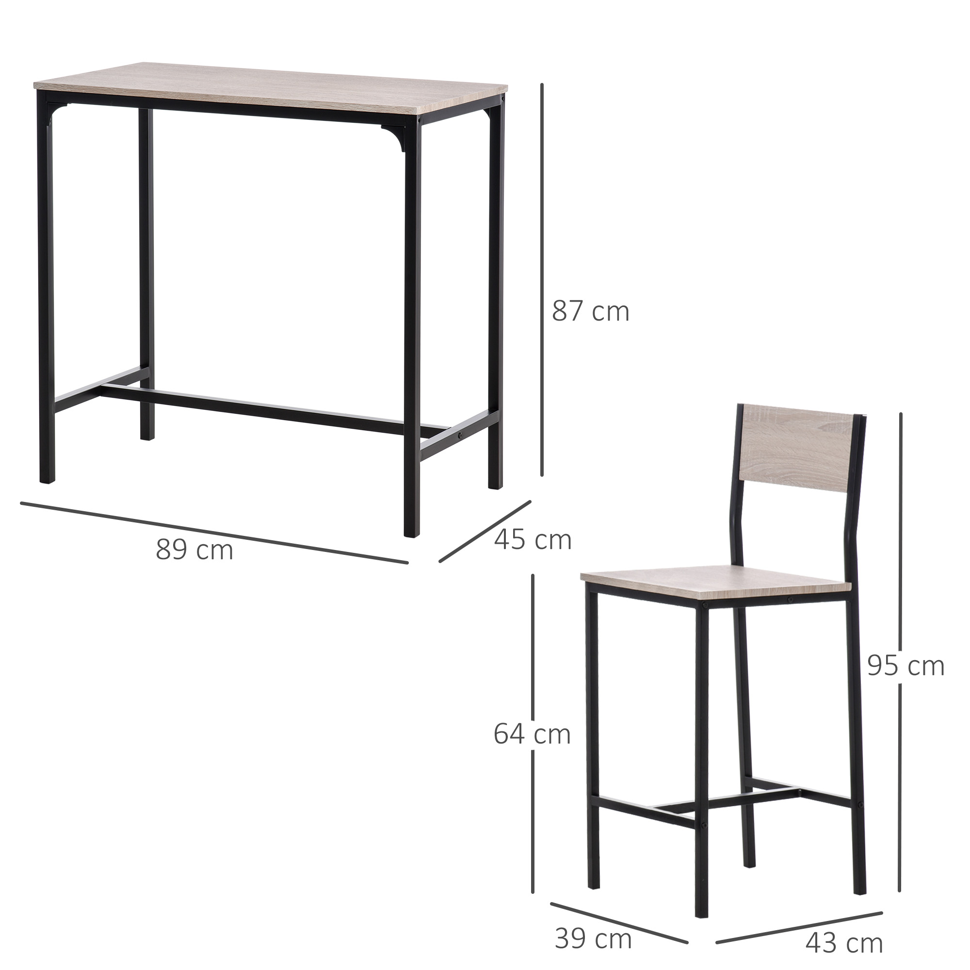 Bāra galda komplekts, 3 daļas, dabīga, melna, MDF un metāls, 89 x 45 x 87 cm - Image 3
