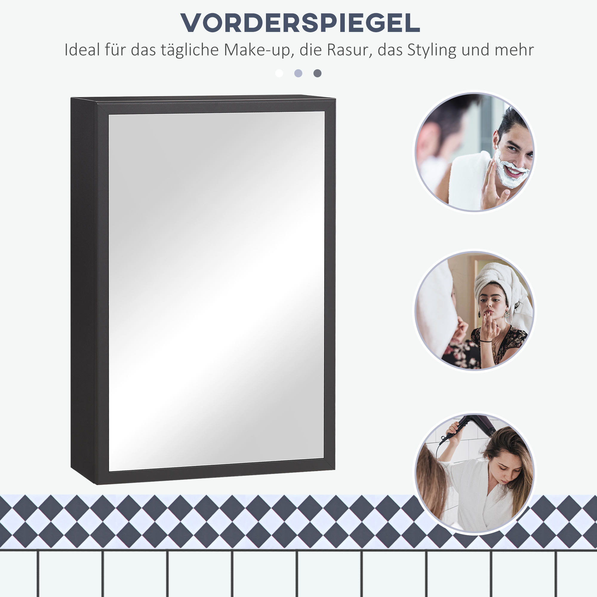 Peegelkapp, 3 riiulit, pehmed hinged, teraskorpus, must, 40 x 15 x 60 cm - Image 4