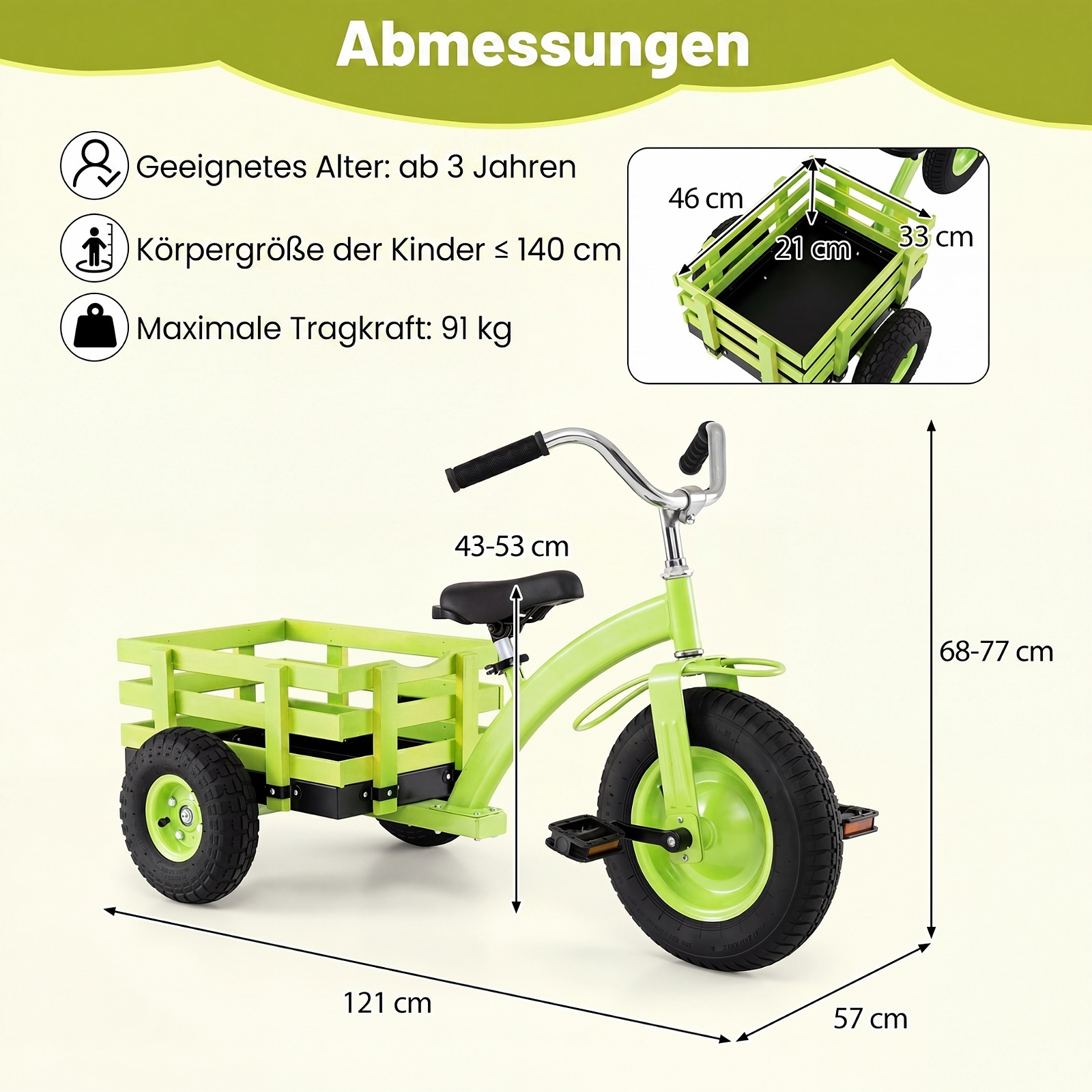 Lasten kolmipyörä 15 tuuman täytettävillä kumirenkailla, vihreä - Image 3