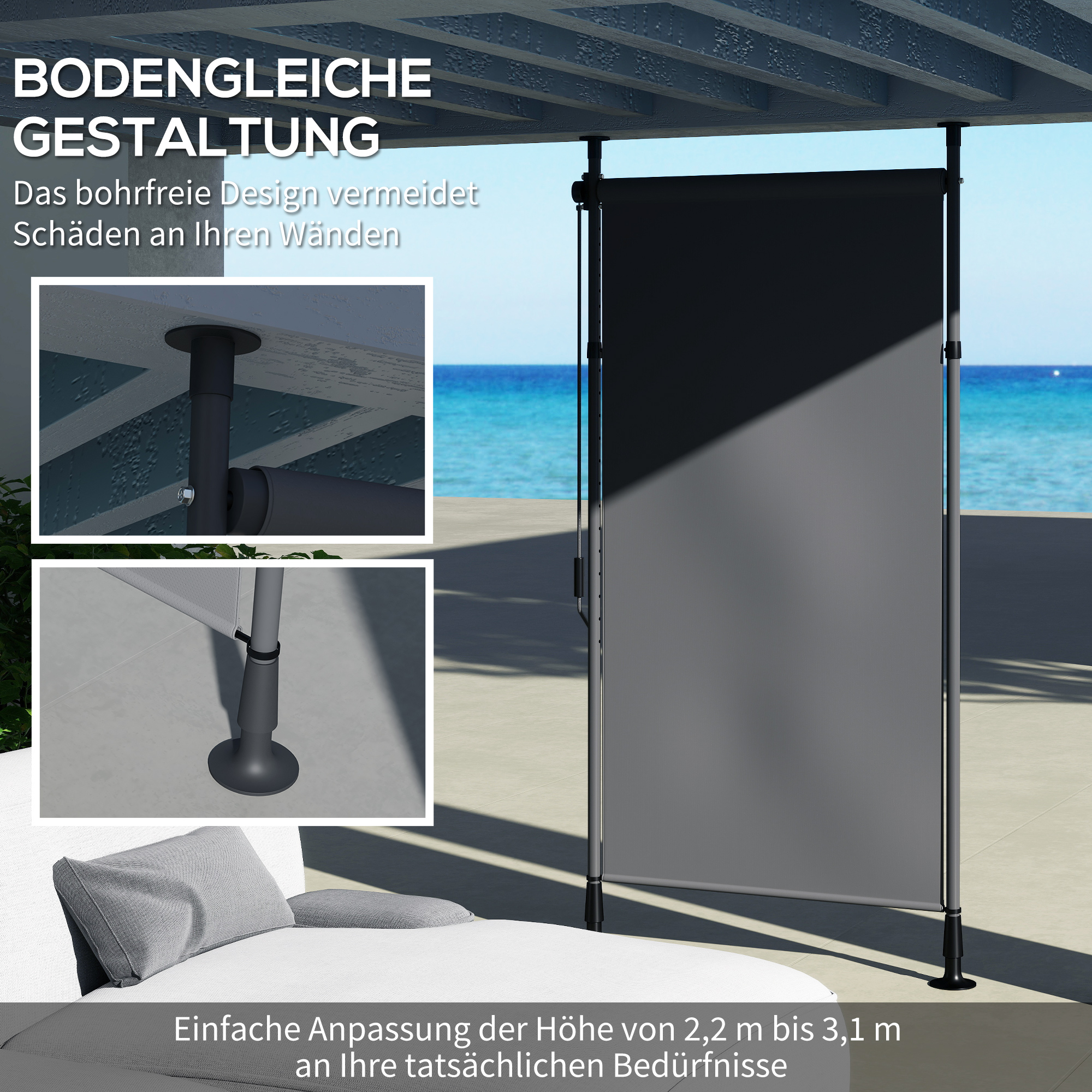 Vapaasti seisova markiisin, säädettävä pituus, asennus ilman porausta, alumiinirunko, 1,5 x 2,2-3,1 m, tummanharmaa - Image 4