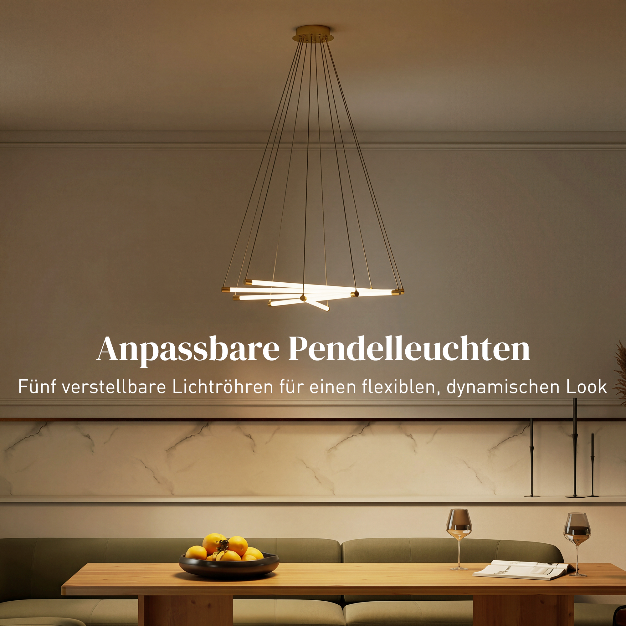 LED griestu lampa, 50 W, regulējama, 5 regulējamas gaismas caurules, zelta+baltā, Ø82 x 124 cm - Image 4