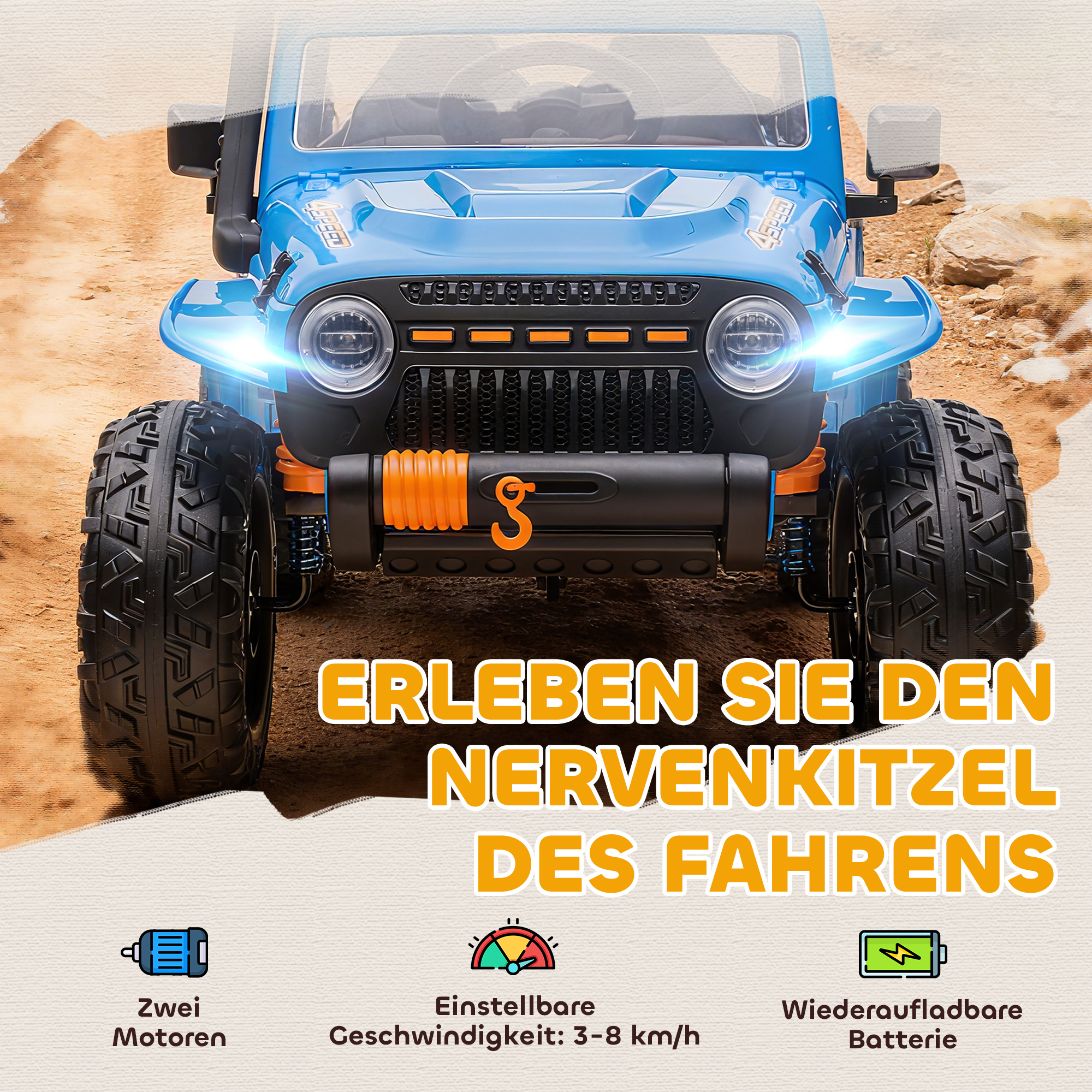 Bērnu elektriskais auto, 12V baterija, vecāku un bērna sēdeklis, tālvadība, mūzika, skaņas signāls, LED gaismas, 3-8 gadi, zils - Image 4