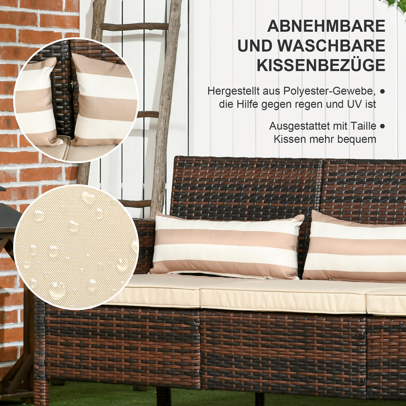 3 vietų lauko sofa su pagalvėlėmis, rudos spalvos, 173 x 68 x 78 cm - Image 6