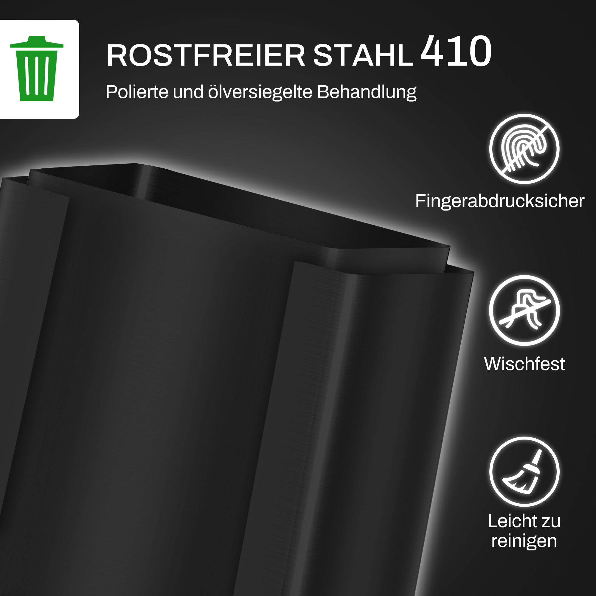 Atkritumu tvertne ar 2 x 25 l nodalījumiem, lēni aizverams vāks, noturīga pret pirkstu nospiedumiem, nerūsējošais tērauds, melna - Image 5