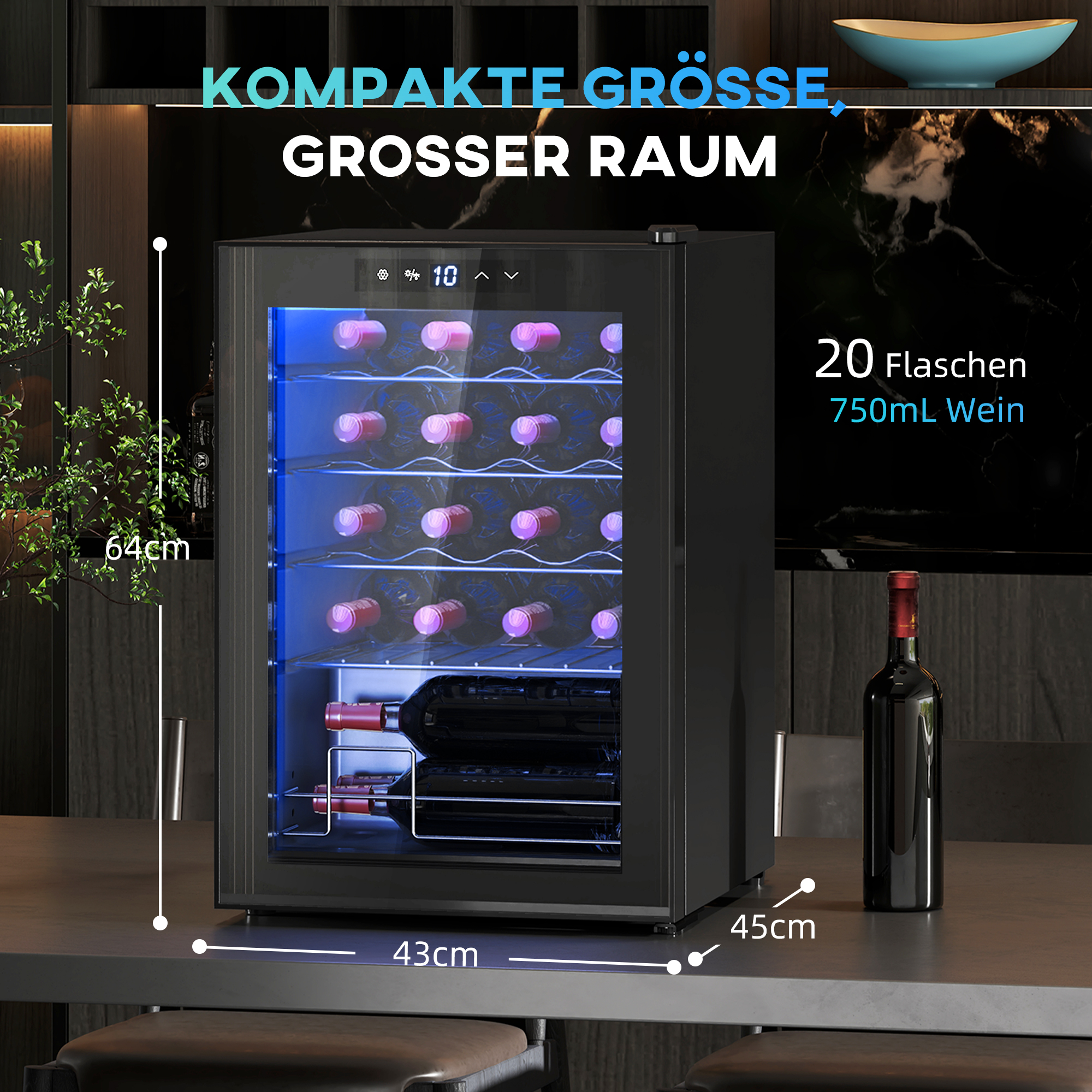 Vīna ledusskapis, mini ledusskapis 20 pudelēm, 53 l, stikla durvis, LED apgaismojums, melns - Image 3